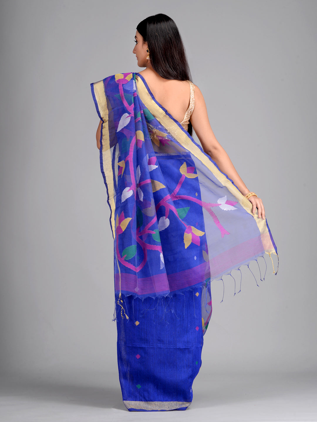 Women's Blue Handwoven Matka Silk Saree with Jamdani work - Sajasajo