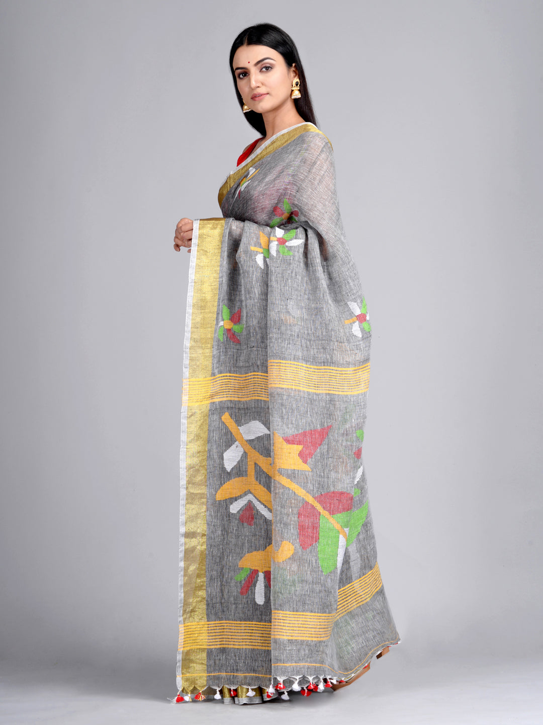 Women's Grey Hand Woven Linen Jamdani Work In Pallu Saree With Unstitched Blouse-Sajasajo