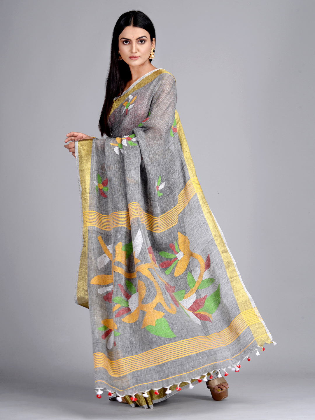 Women's Grey Hand Woven Linen Jamdani Work In Pallu Saree With Unstitched Blouse-Sajasajo