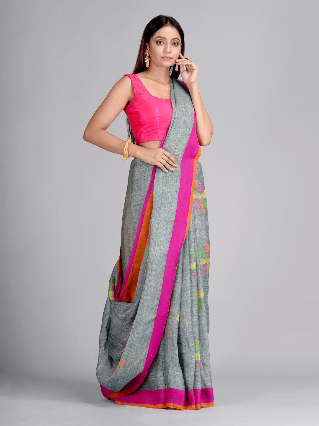 Women's Grey Hand Woven Linen Saree With Jamdani Work With Unstitched Blouse-Sajasajo