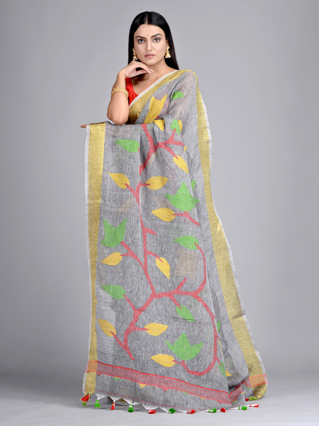 Women's Grey Pure Linen Hand Woven Saree with Jamdani work in pallu - Sajasajo