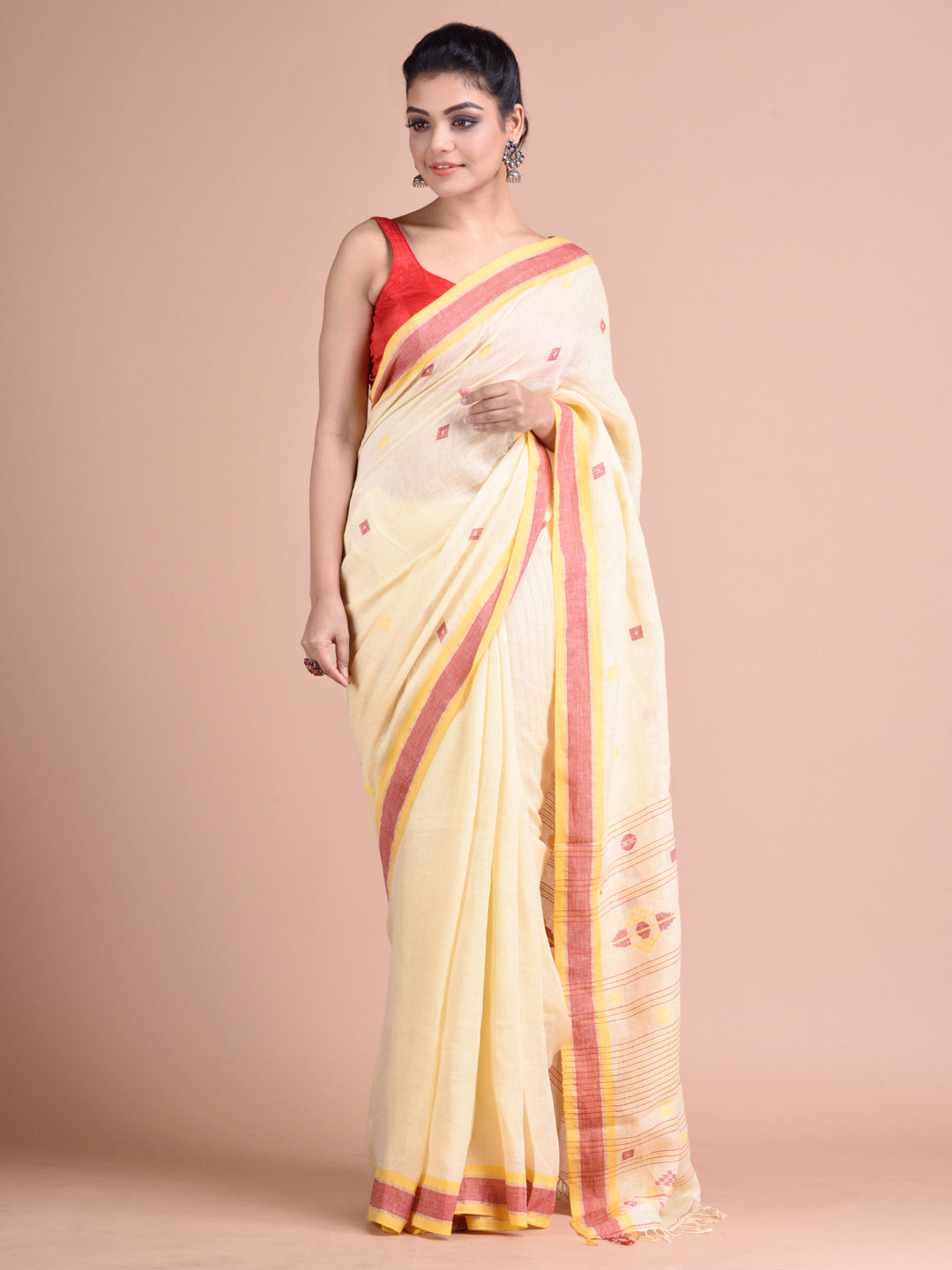 Women's Cream Yellow Hand Woven Linen With Zari Border And Unstitched Blouse-Sajasajo