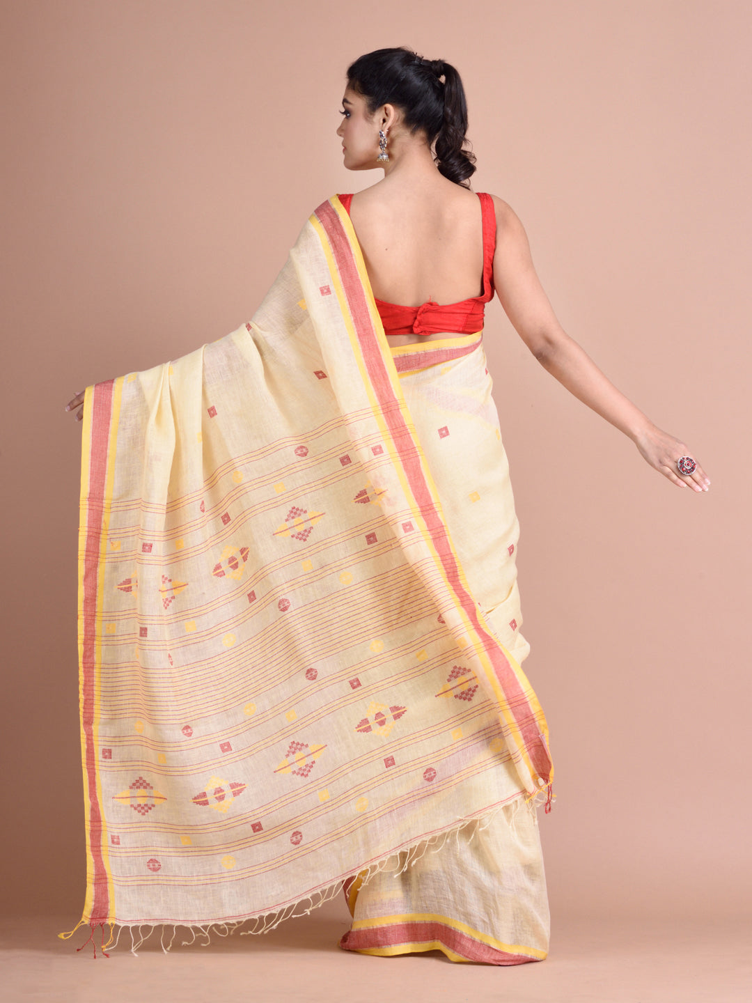 Women's Cream Yellow Hand Woven Linen With Zari Border And Unstitched Blouse-Sajasajo