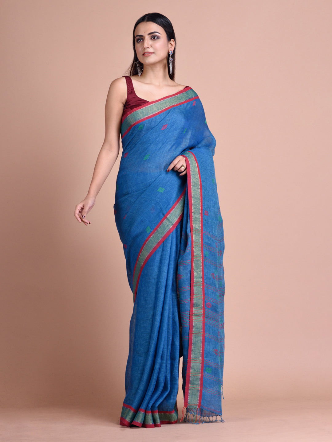 Women's Powder Cobalt Blue Linen Saree With Woven Designs - Sajasajo