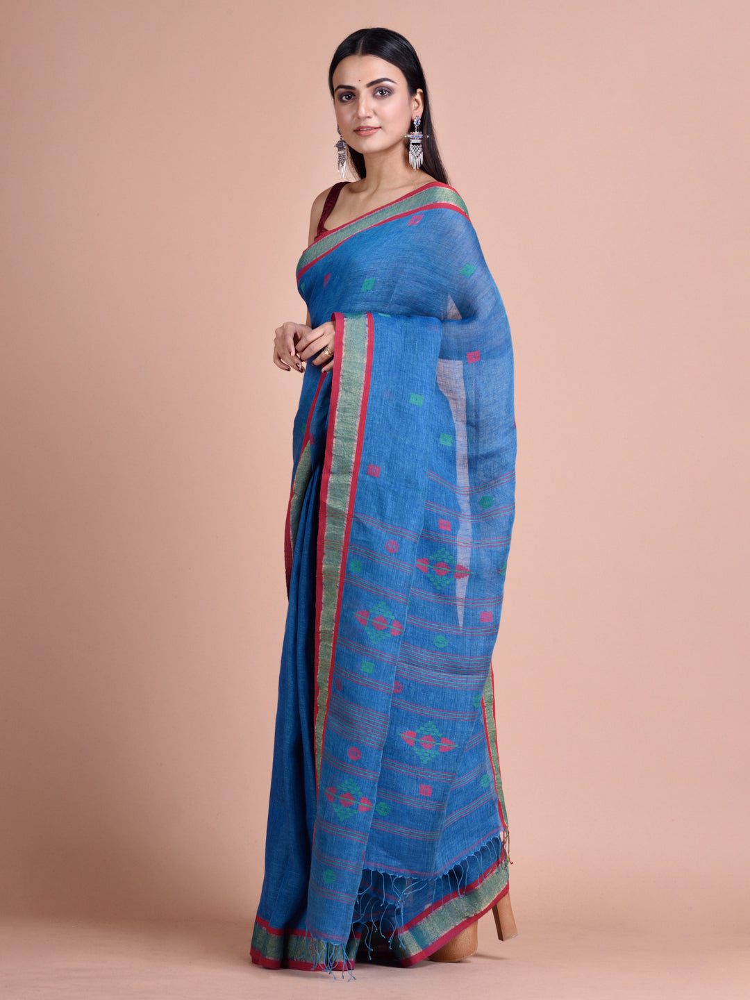 Women's Powder Cobalt Blue Linen Saree With Woven Designs - Sajasajo