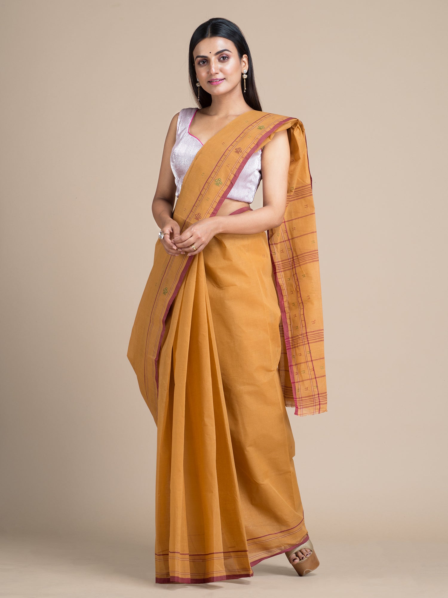 Women's Mustard Pure Cotton Hand Woven Saree With Buti Work Without Blouse-Sajasajo