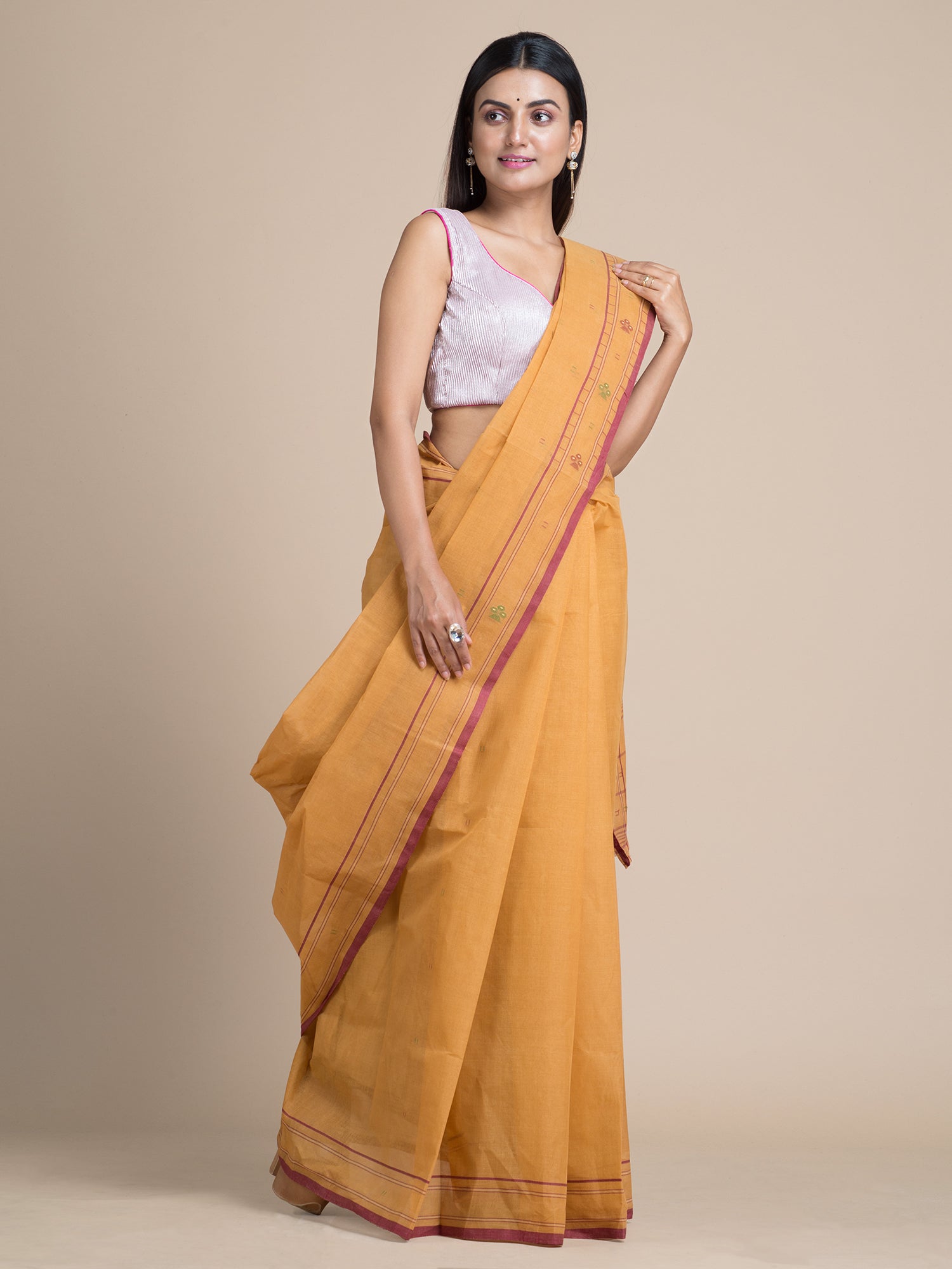 Women's Mustard Pure Cotton Hand Woven Saree With Buti Work Without Blouse-Sajasajo