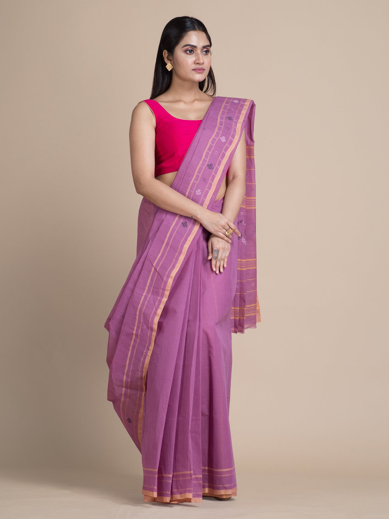 Women's Purple Pure Cotton Hand Woven Saree With Buti Work Without Blouse-Sajasajo