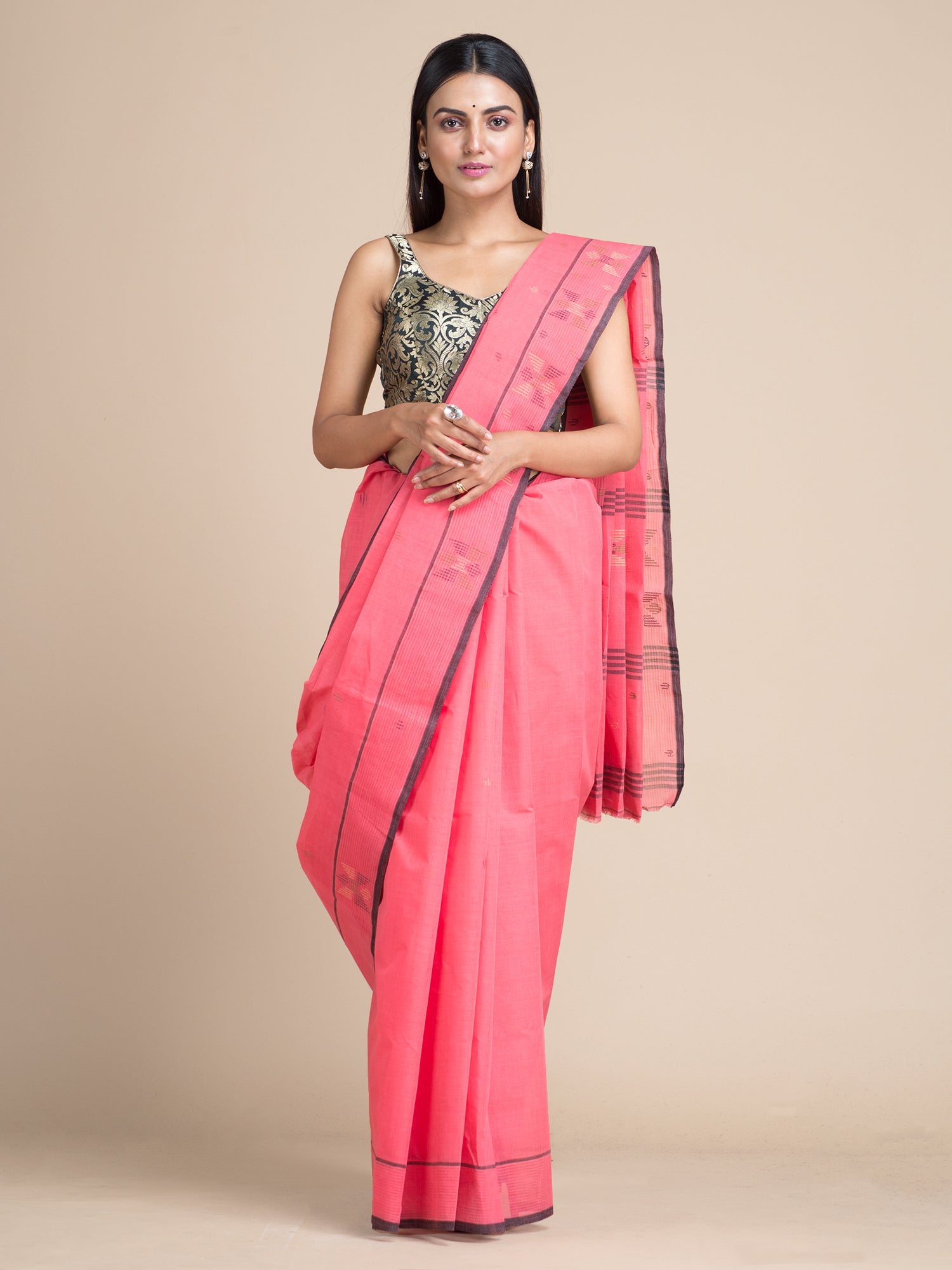 Women's Pink Pure Cotton Hand Woven Saree With Buti Work Without Blouse-Sajasajo