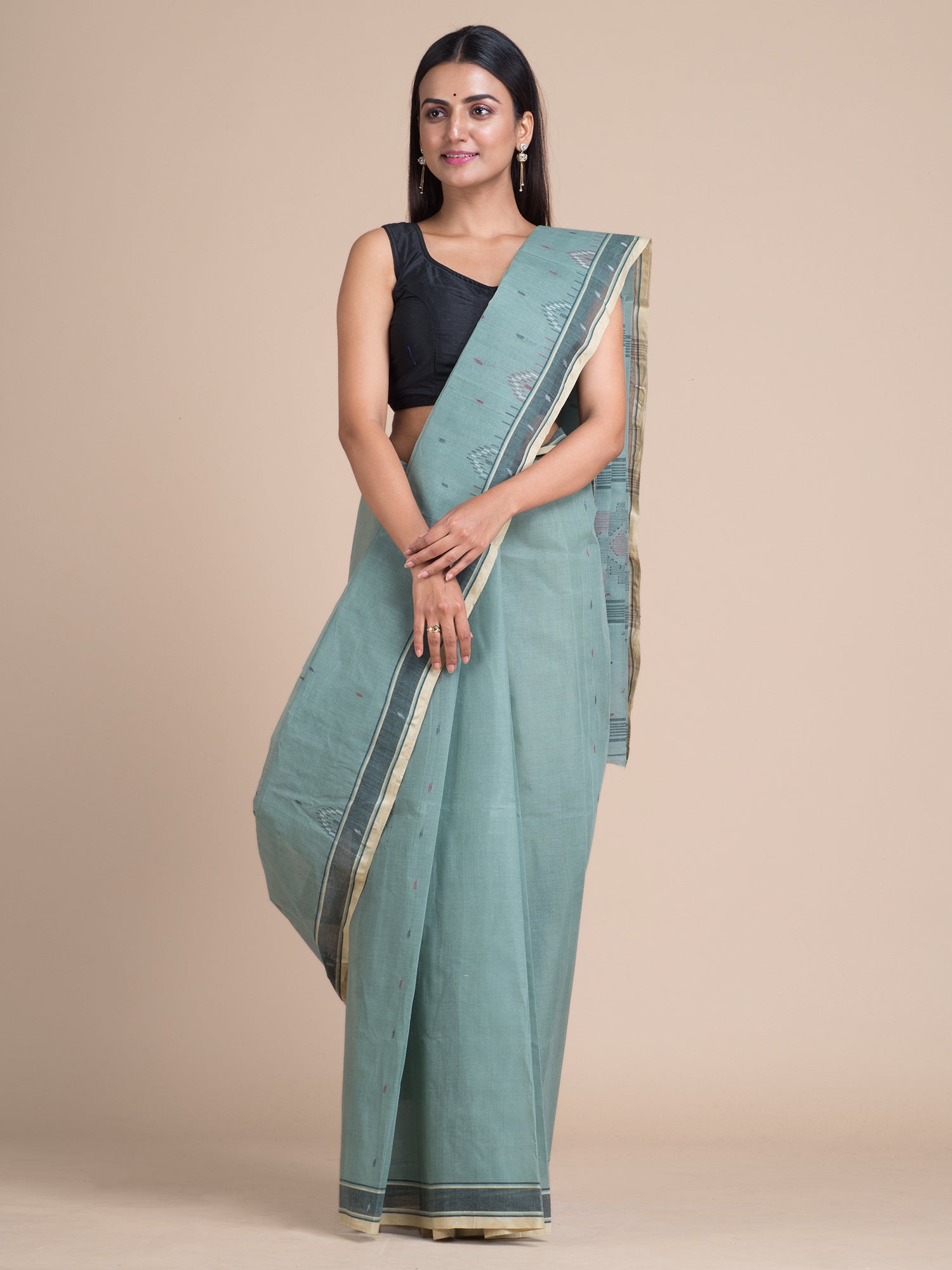 Women's Grey Pure Cotton Hand Woven Saree With Buti Work Without Blouse-Sajasajo