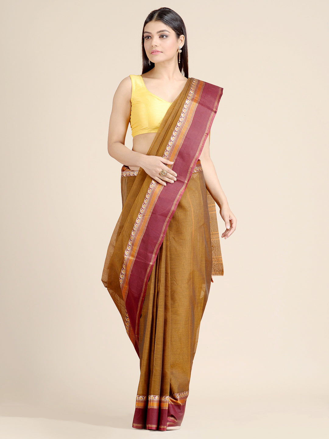 Women's Brown Pure Cotton Hand Woven Tant Saree Without Blouse-Sajasajo