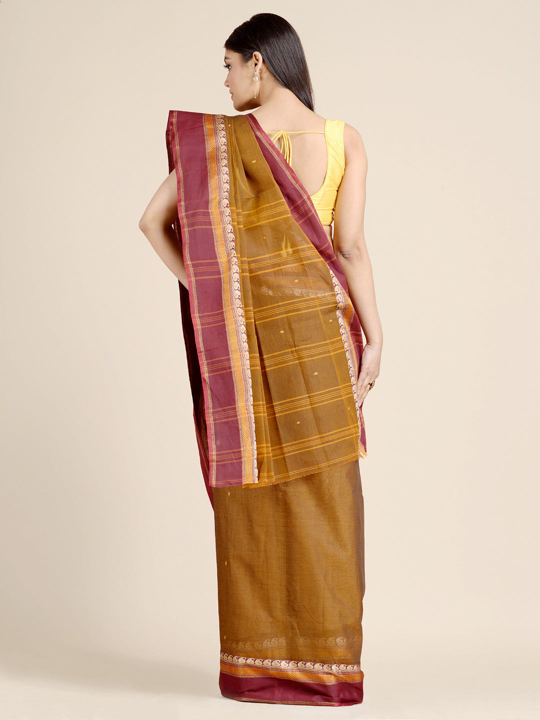 Women's Brown Pure Cotton Hand Woven Tant Saree Without Blouse-Sajasajo