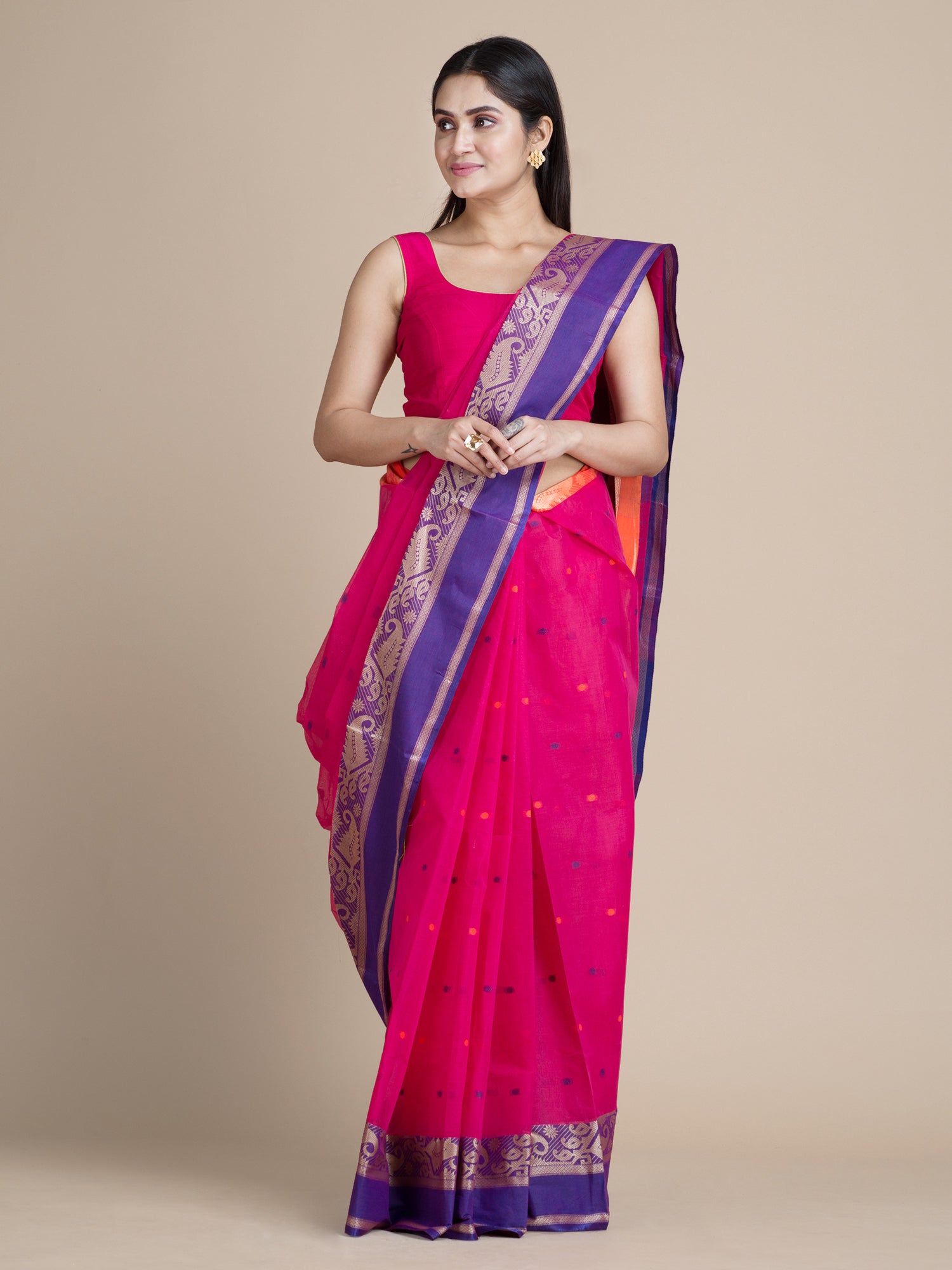 Women's Pink Pure Cotton Hand Woven Tangail Tant Saree Without Blouse-Sajasajo
