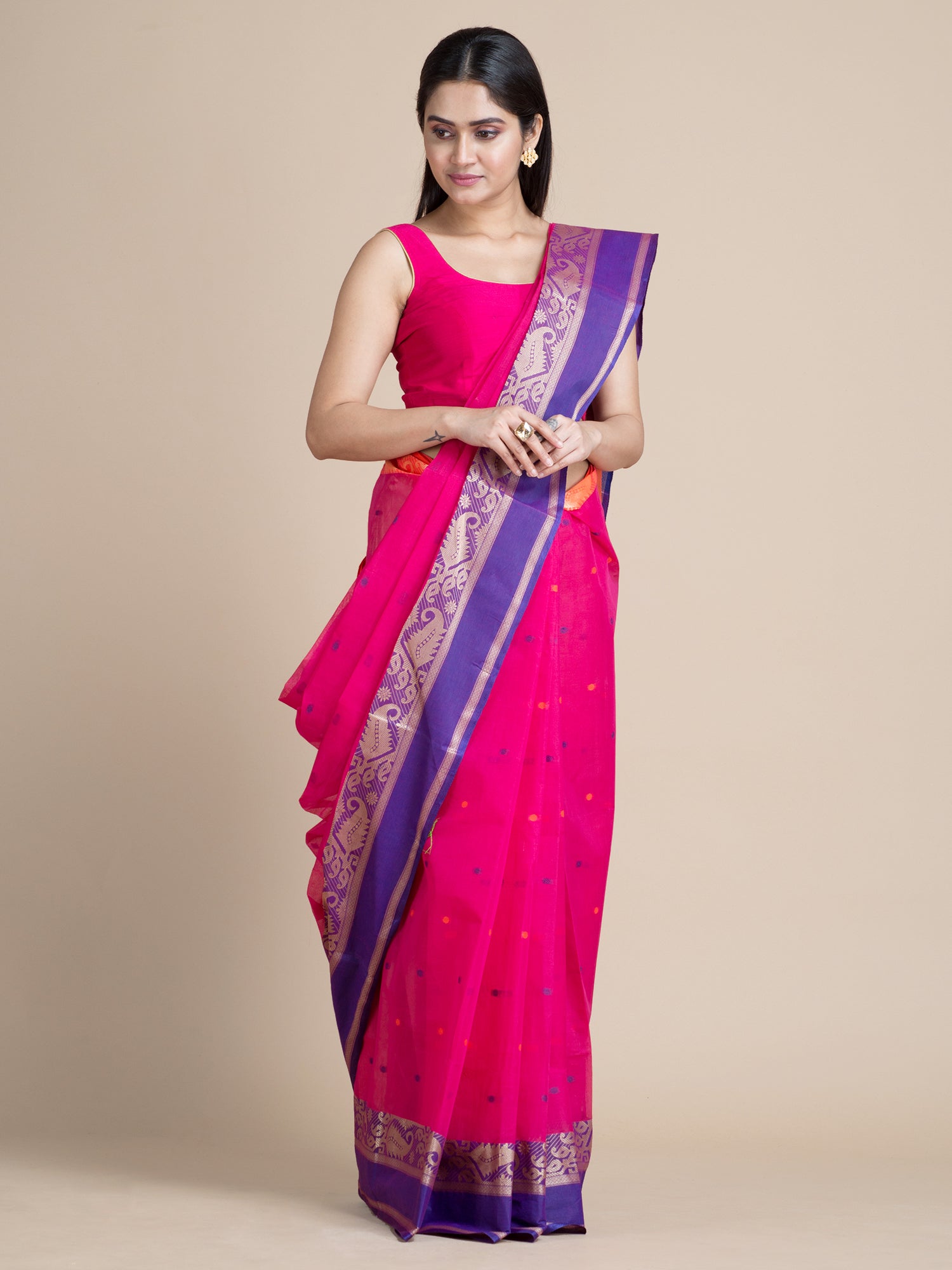Women's Pink Pure Cotton Hand Woven Tangail Tant Saree Without Blouse-Sajasajo