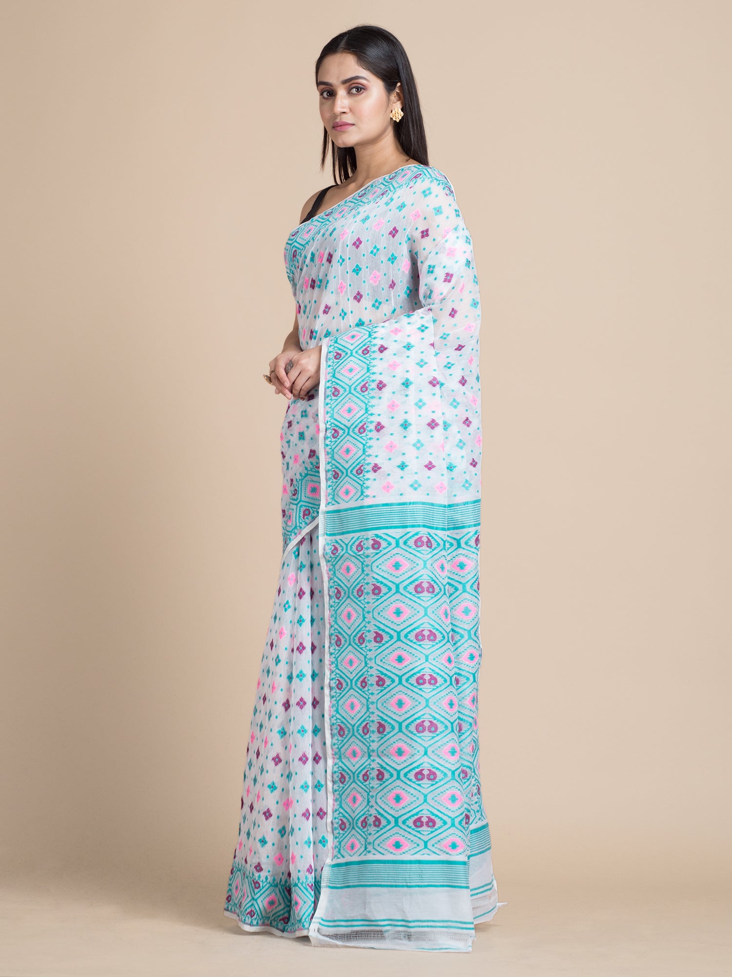Women's White & Blue Jamdani Saree With Multicolor Woven Designs - Sajasajo