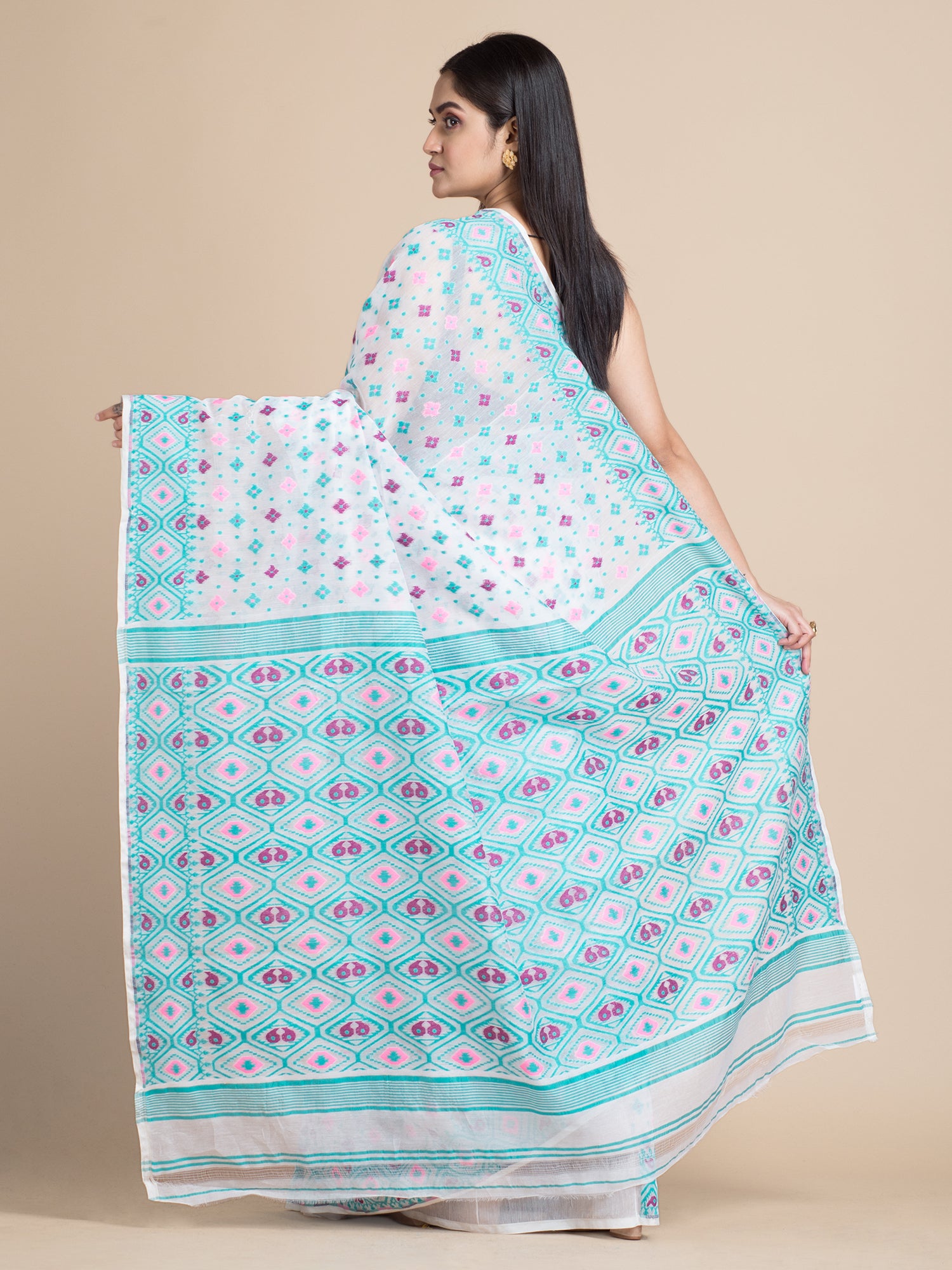 Women's White & Blue Jamdani Saree With Multicolor Woven Designs - Sajasajo