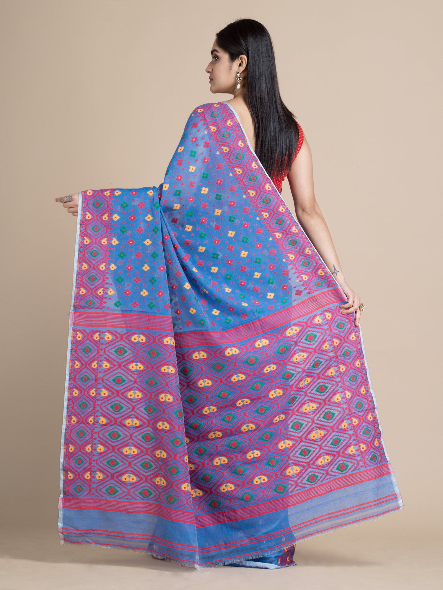 Women's Cobalt Blue & Red Jamdani Saree With Multicolor Woven Designs - Sajasajo