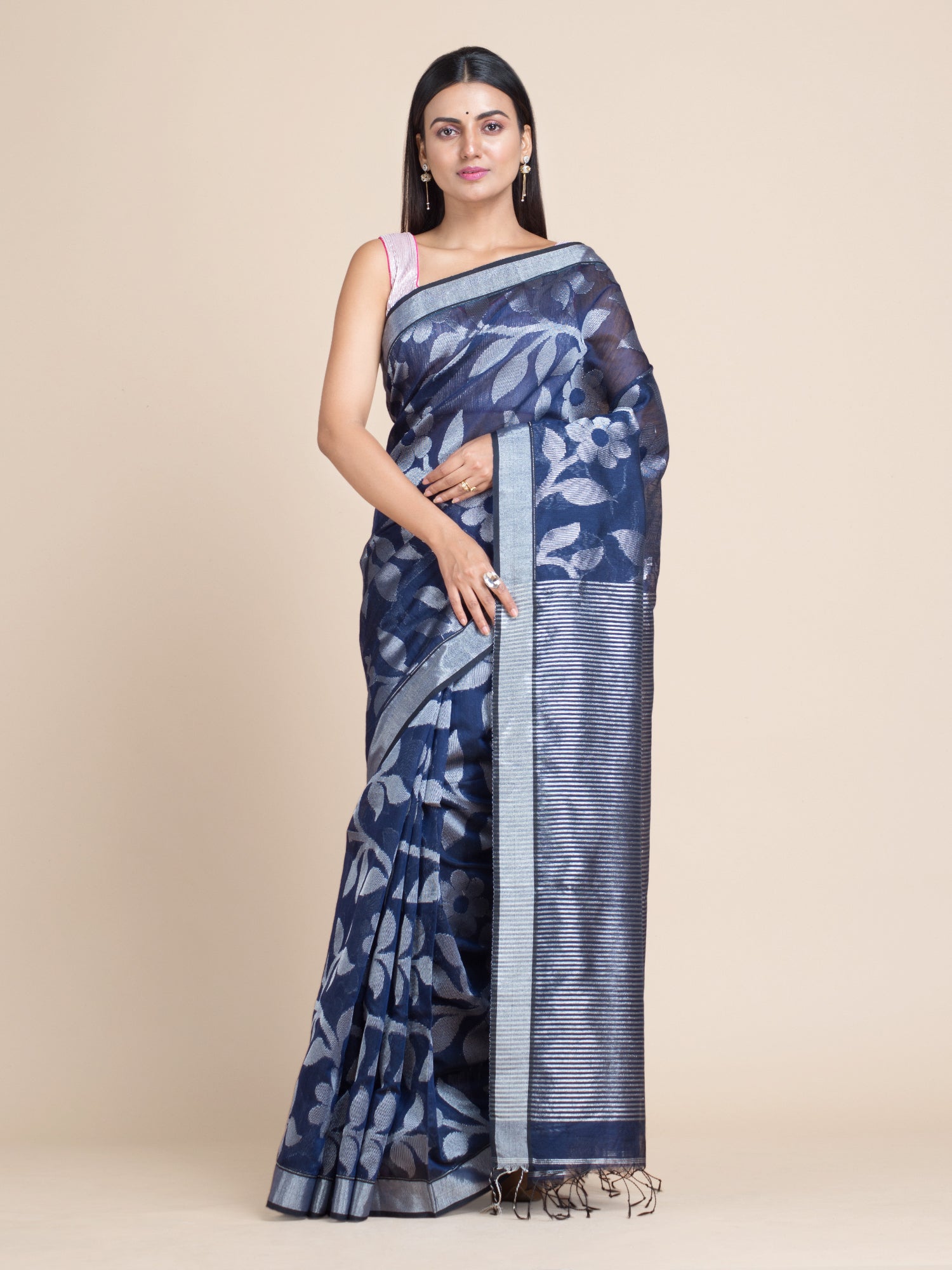 Women's Denim Blue Blended Cotton Saree With Floral Zari Designs - Sajasajo
