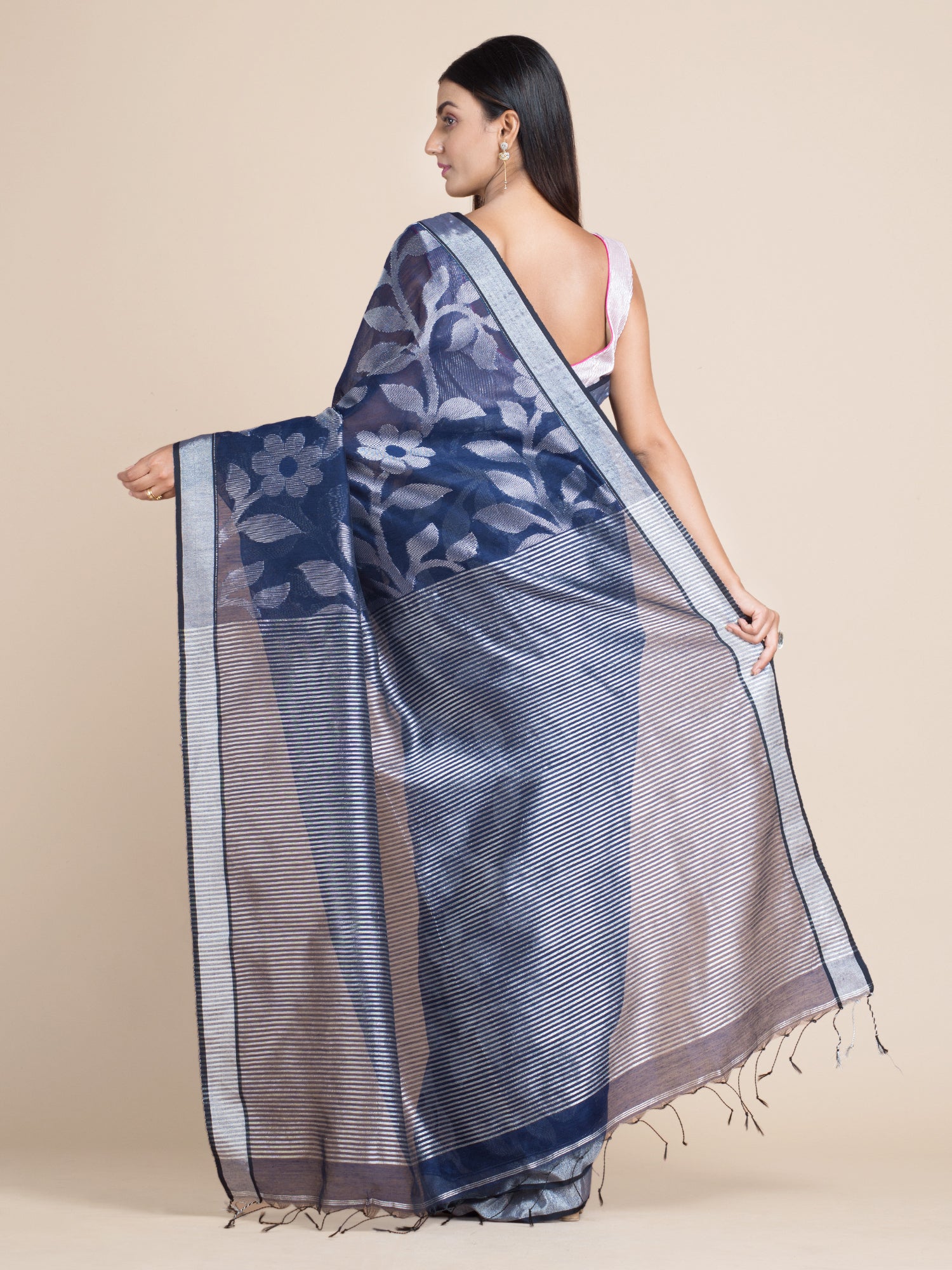 Women's Denim Blue Blended Cotton Saree With Floral Zari Designs - Sajasajo