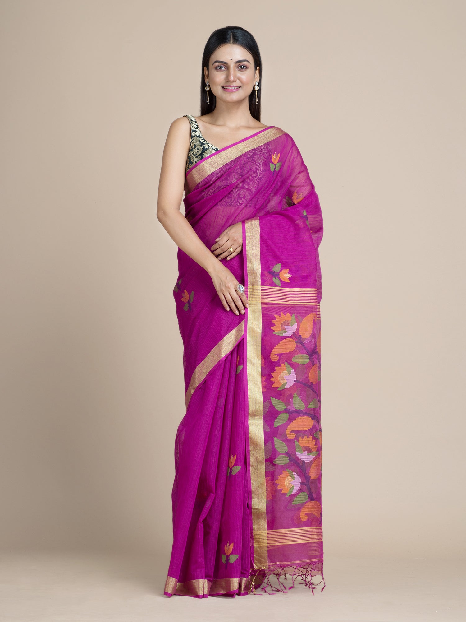 Women's Jam Purple Pink Blended Cotton Saree With Floral Pallu And Unstitched Blouse-Sajasajo