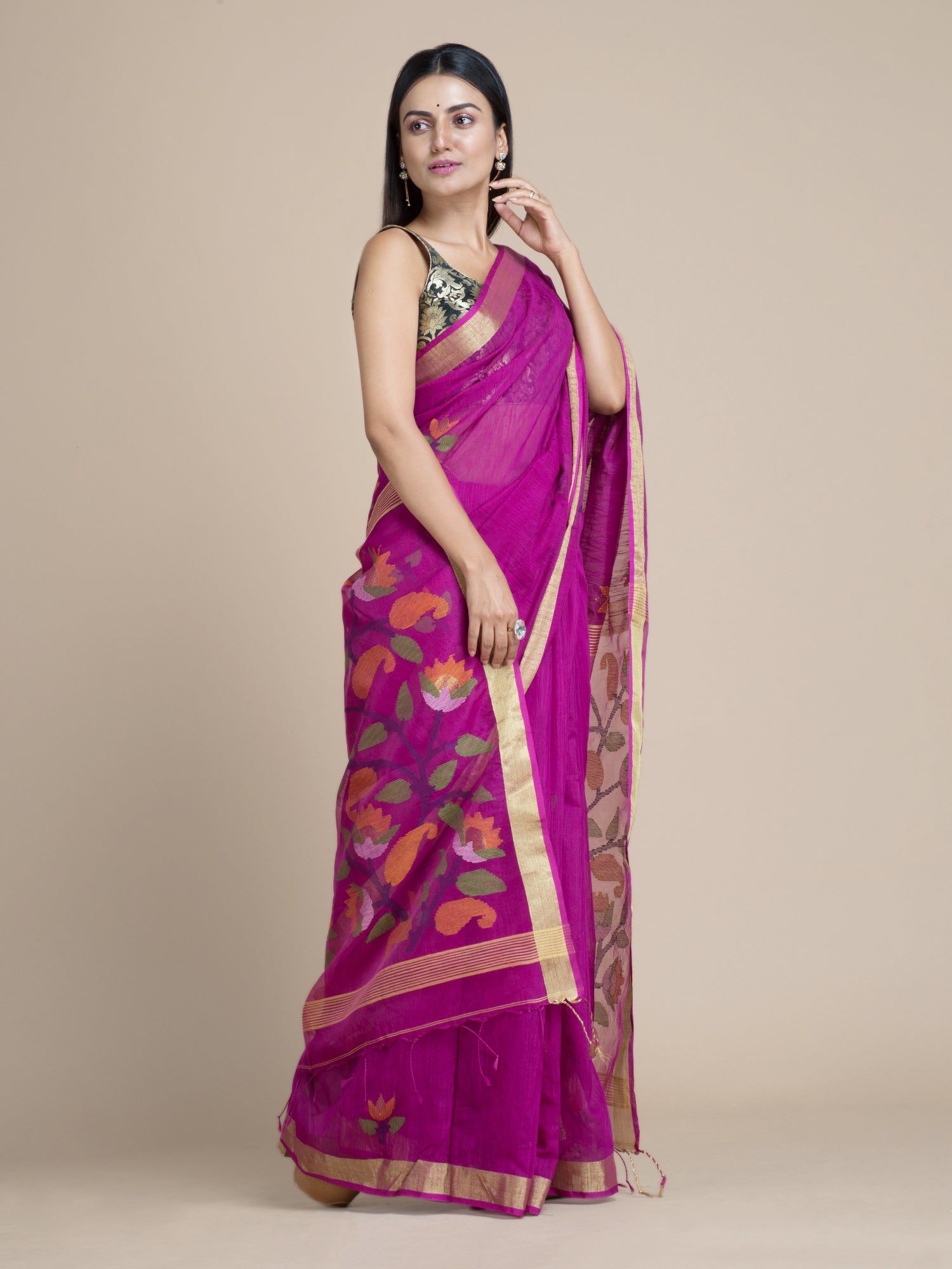 Women's Jam Purple Pink Blended Cotton Saree With Floral Pallu And Unstitched Blouse-Sajasajo