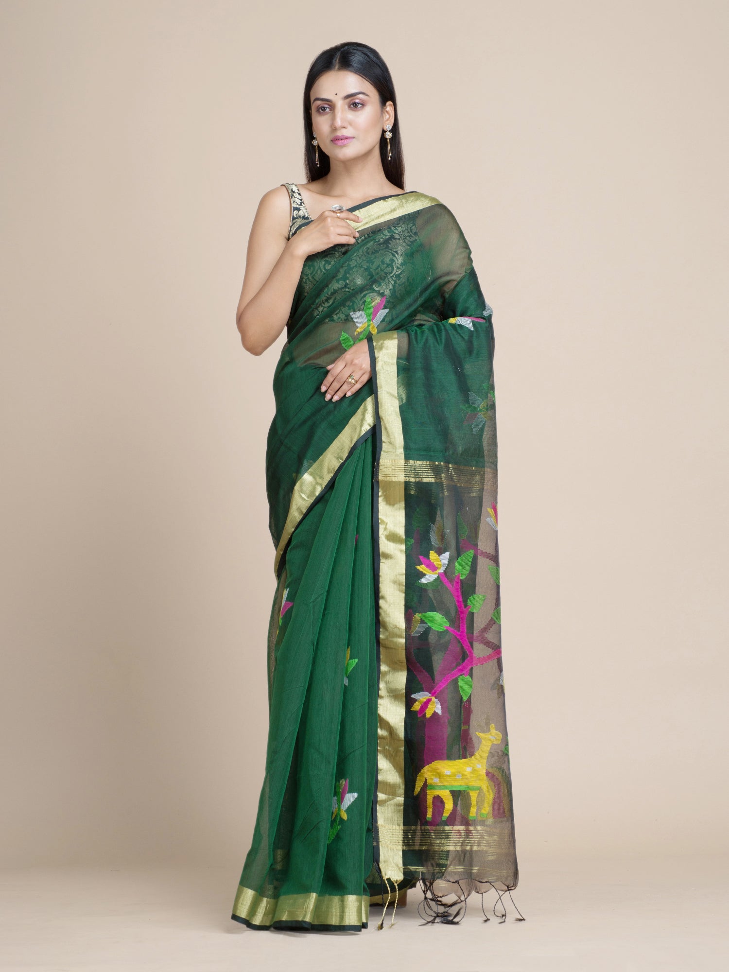 Women's Bottle Green Blended Cotton Saree With Woven Scenery Pallu And Unstitched Blouse-Sajasajo