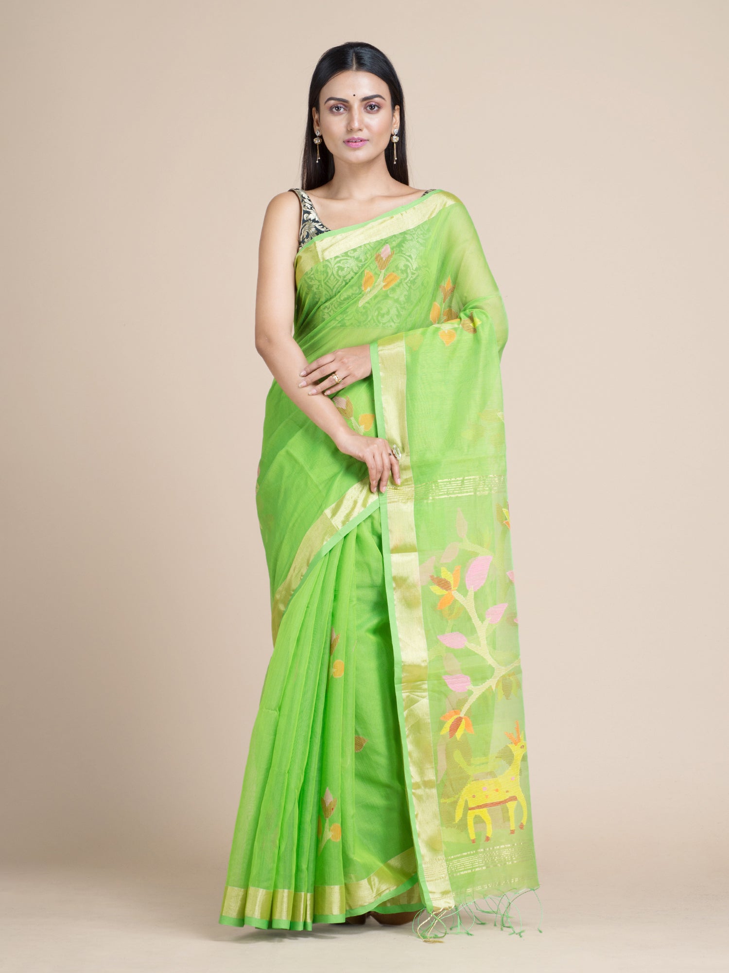 Women's Light Green Blended Cotton Saree With Woven Scenery Pallu And Unstitched Blouse-Sajasajo