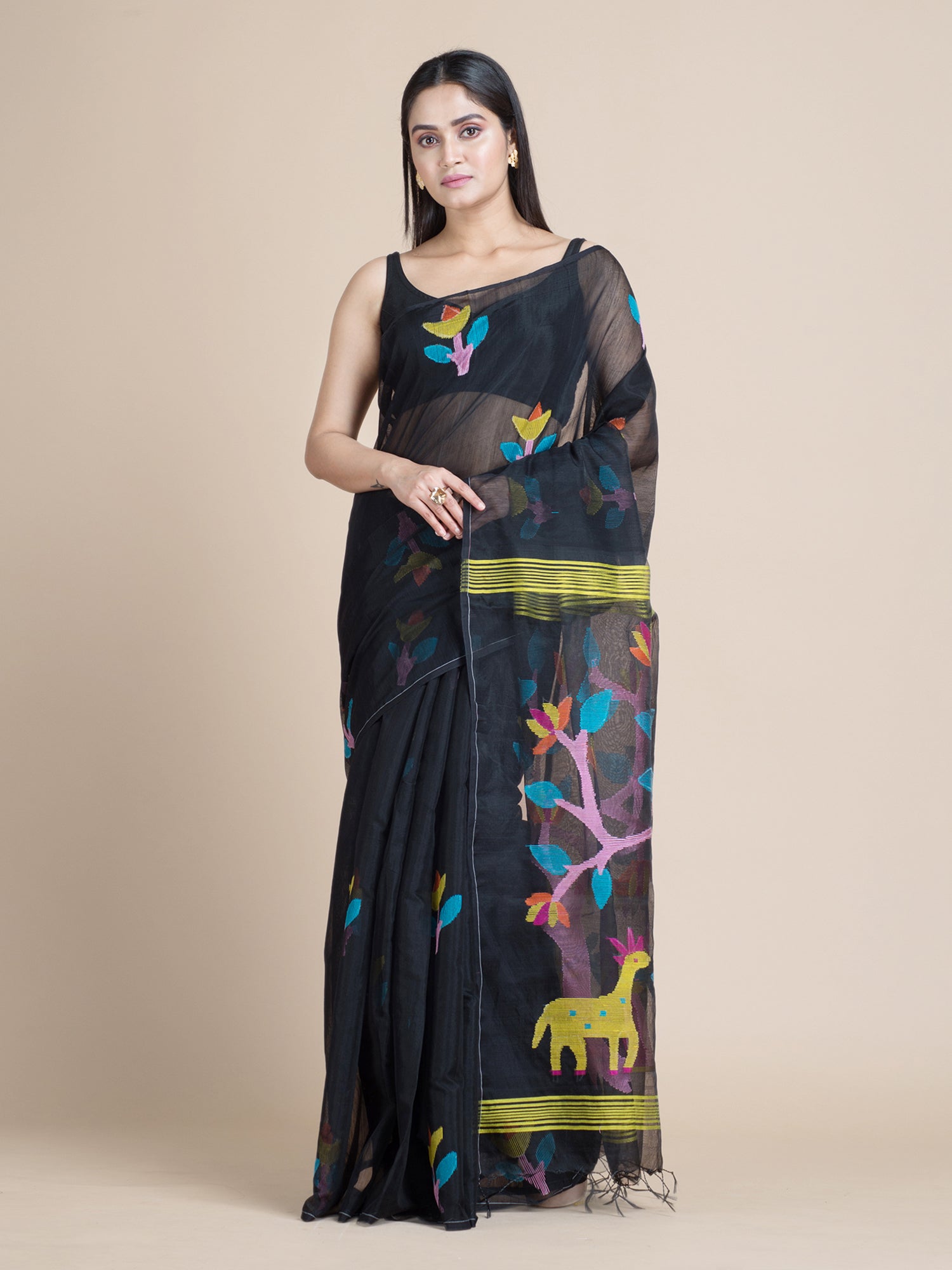 Women's Black Blended Cotton Saree With Woven Scenery Pallu And Unstitched Blouse-Sajasajo