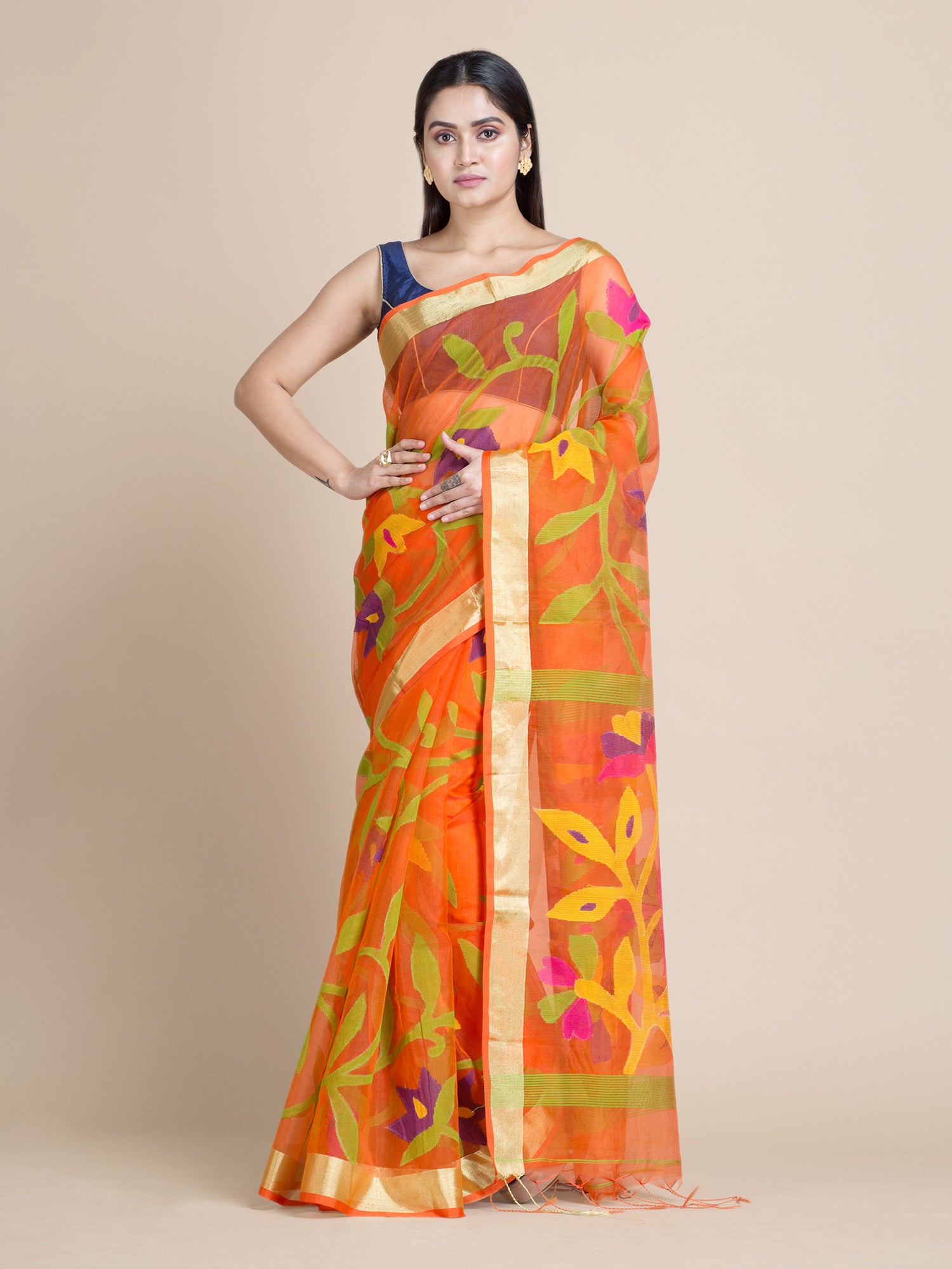 Women's Tangerine Orange Blended Cotton Saree With Floral Designs And Unstitched Blouse-Sajasajo