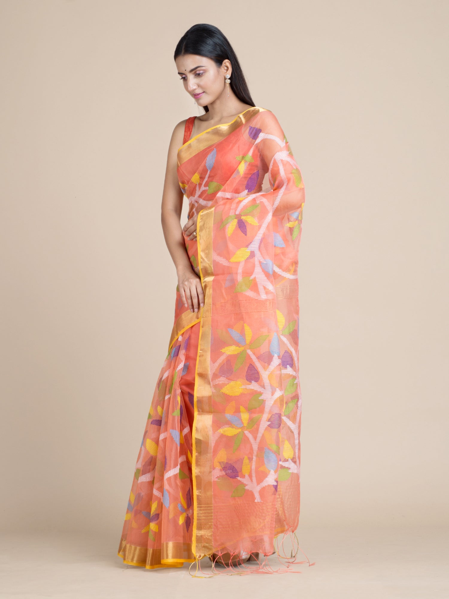Women's Coral Blended Cotton Saree With Floral Designs And Unstitched Blouse-Sajasajo