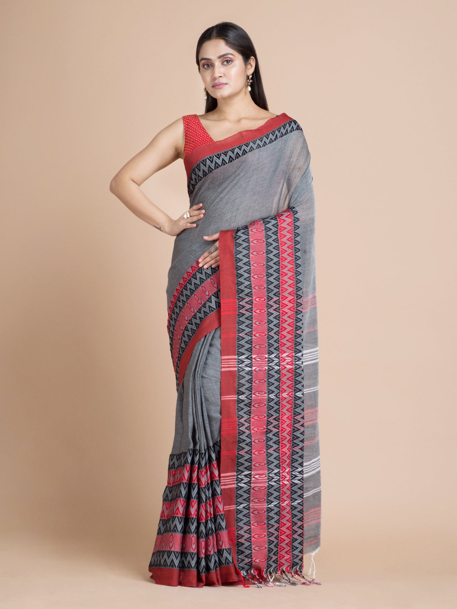 Women's Grey Pure Cotton Hand Woven Soft Saree With Unstitched Blouse-Sajasajo