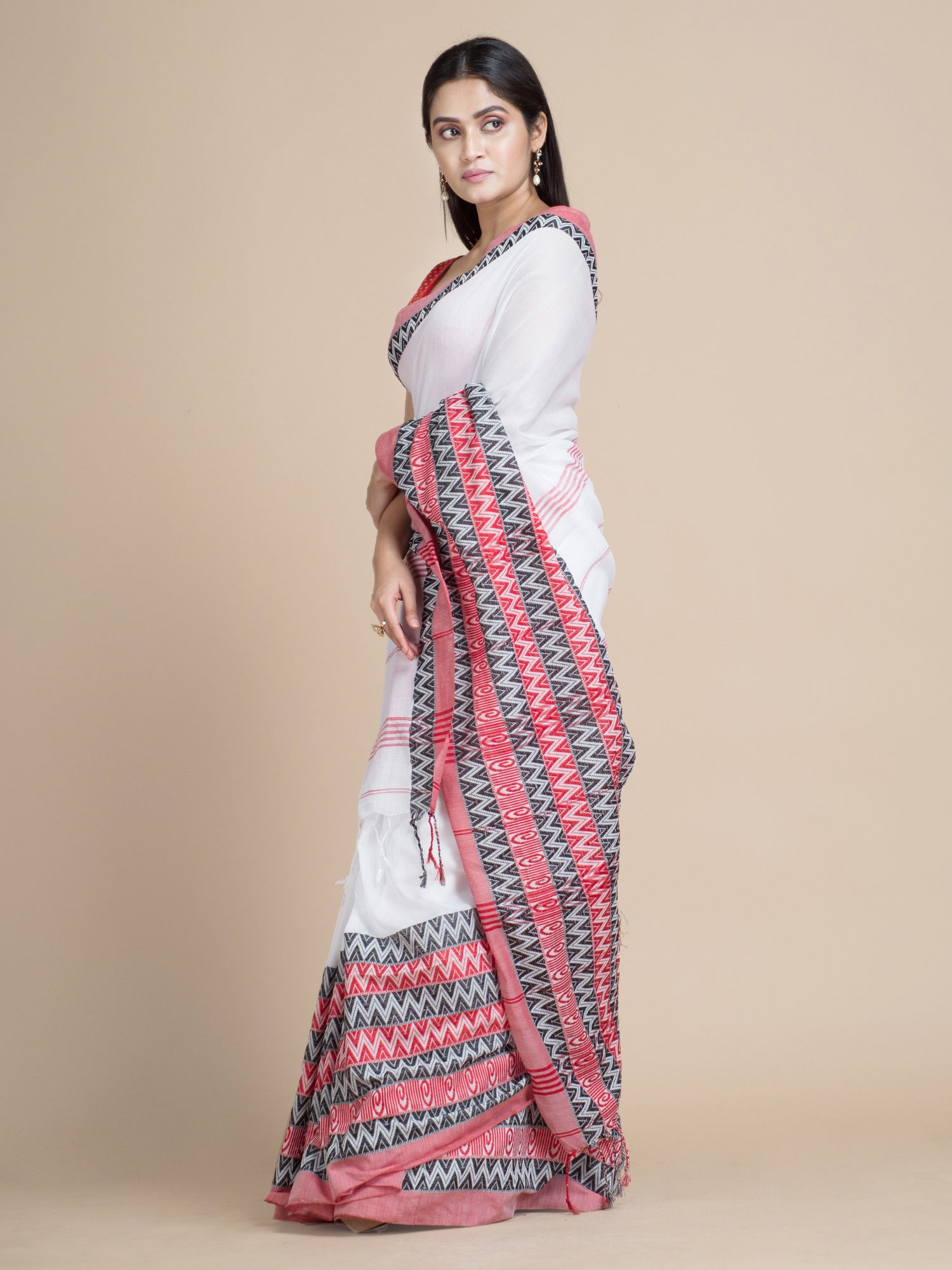 Women's White Pure Cotton Hand Woven Soft Saree With Unstitched Blouse-Sajasajo