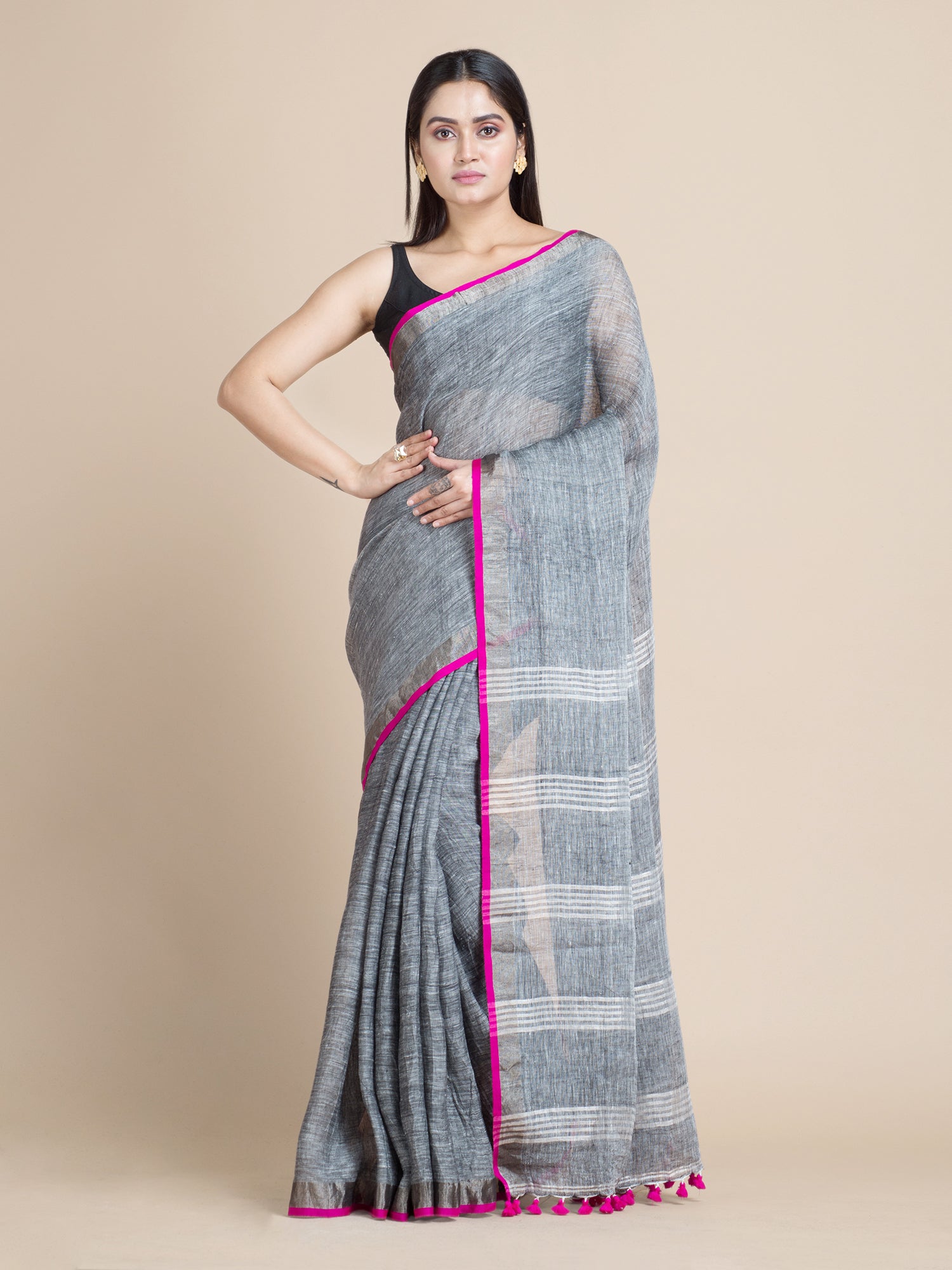 Women's Coin Grey Pure Linen Saree With Pompom - Sajasajo