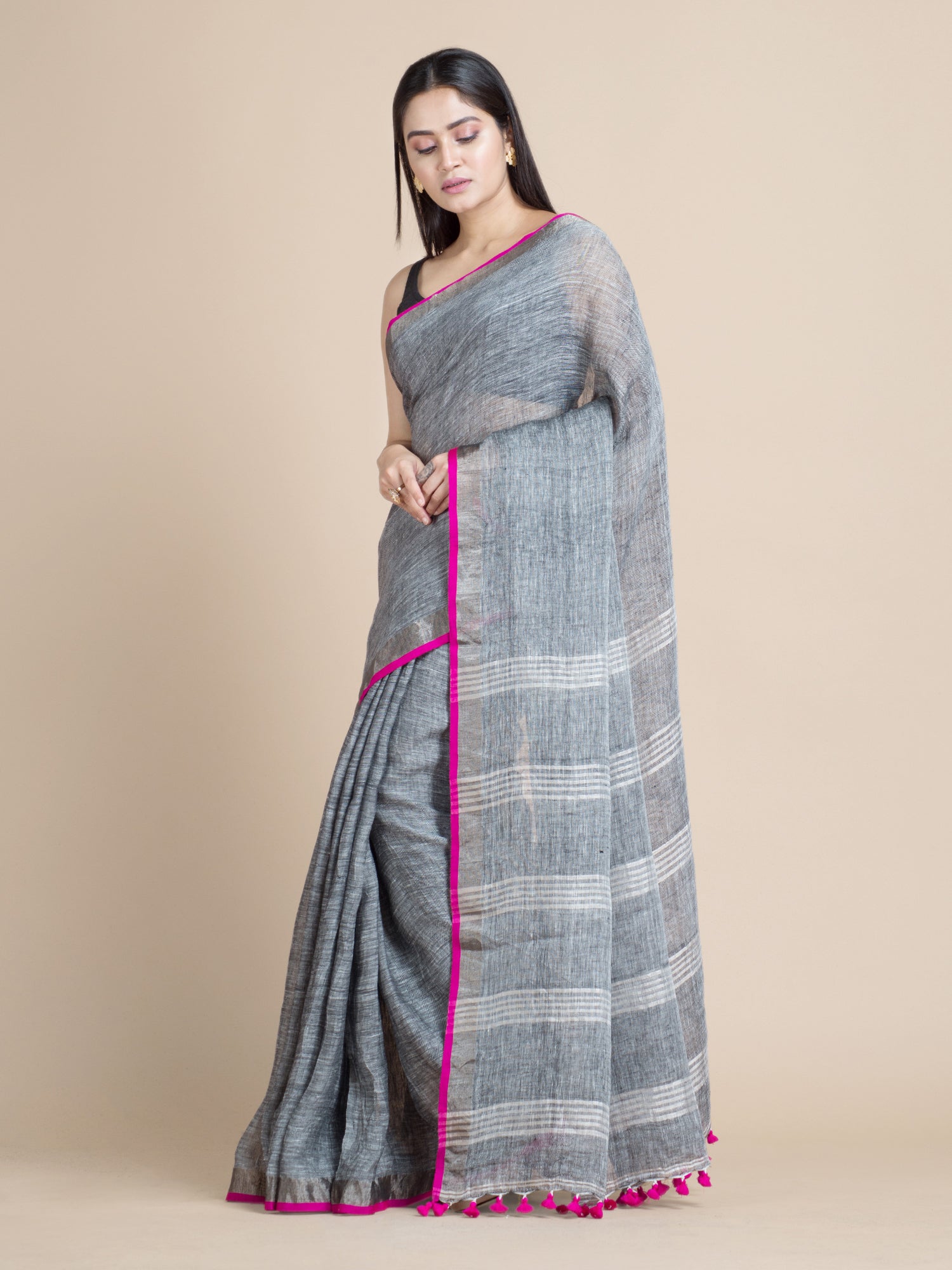 Women's Coin Grey Pure Linen Saree With Pompom - Sajasajo
