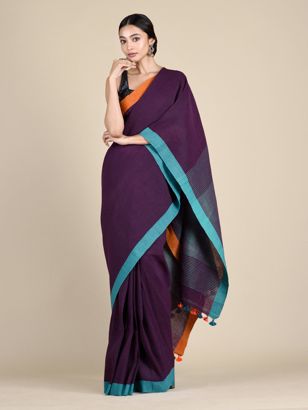 Women's Dark Violet hand woven  Linen Cotton saree - Sajasajo