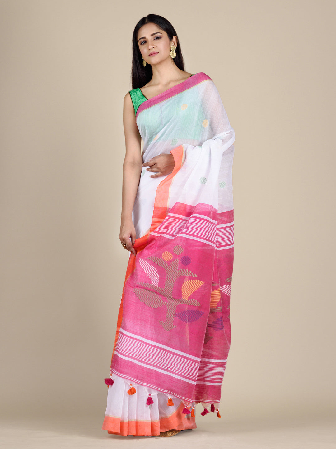 Women's White Blended Cotton Saree With Polka Dots And Unstitched Blouse-Sajasajo