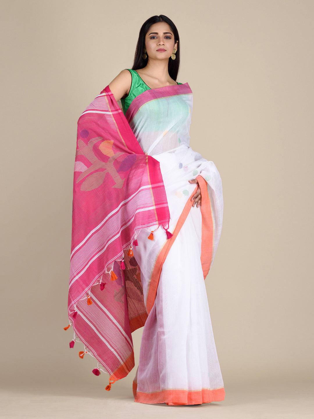 Women's White Blended Cotton Saree With Polka Dots And Unstitched Blouse-Sajasajo
