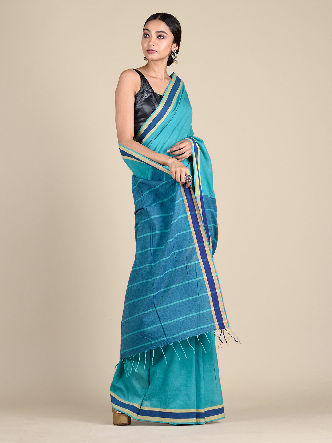 Women's Cerulean Blue Hand Woven Soft Cotton Saree And Unstitched Blouse-Sajasajo