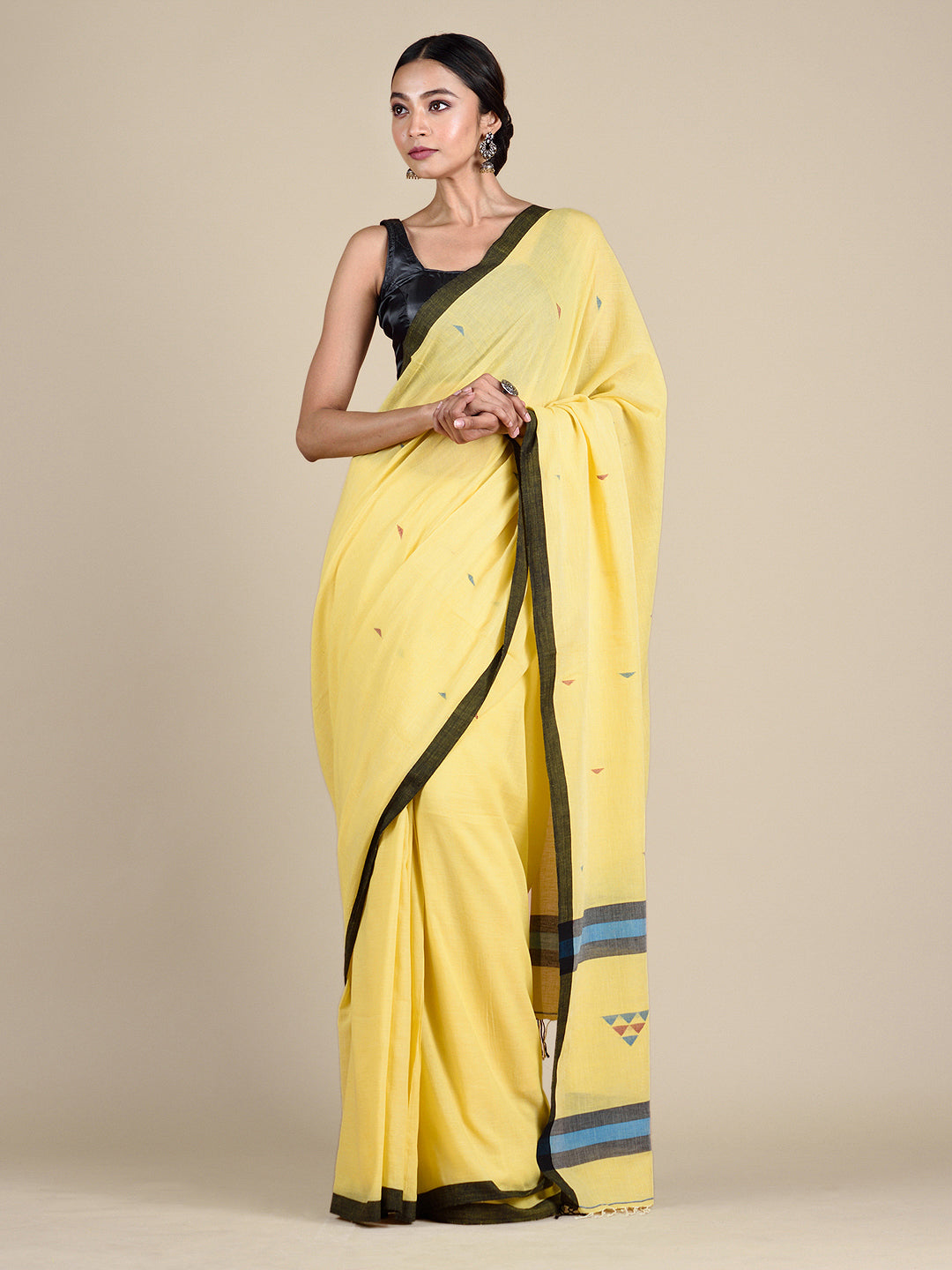 Women's Daffodil Yellow Pure Cotton Saree With Woven Designs - Sajasajo