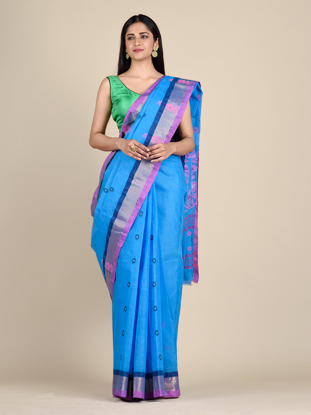 Women's Blue Hand Woven Cotton Saree With Floral Work In Pallu-Sajasajo