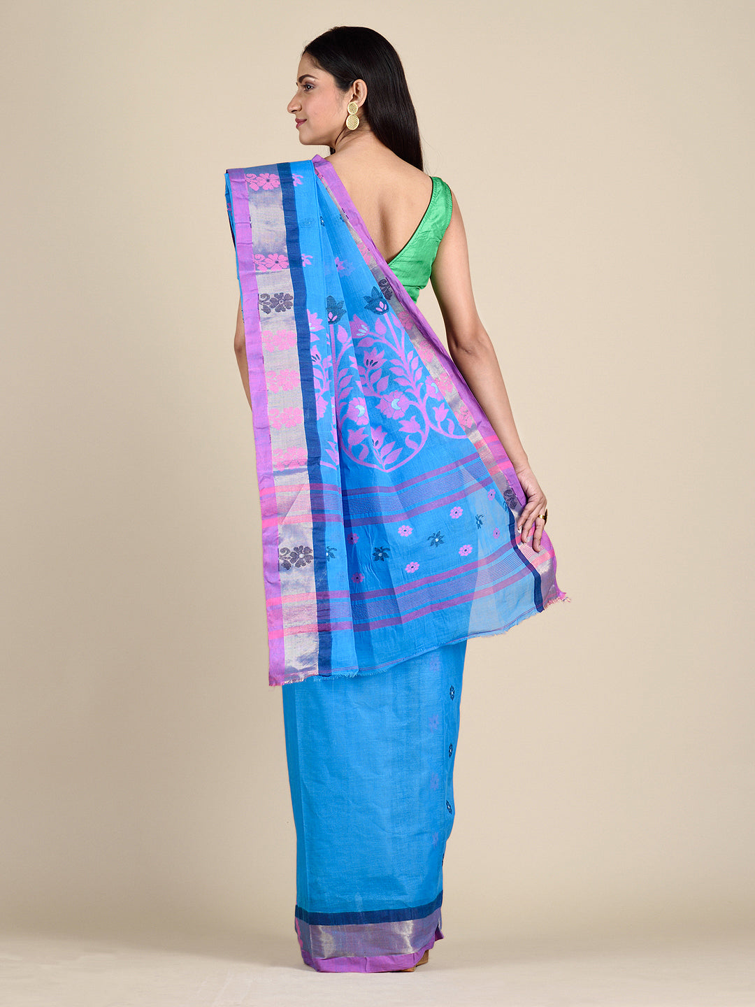 Women's Blue Hand Woven Cotton Saree With Floral Work In Pallu-Sajasajo