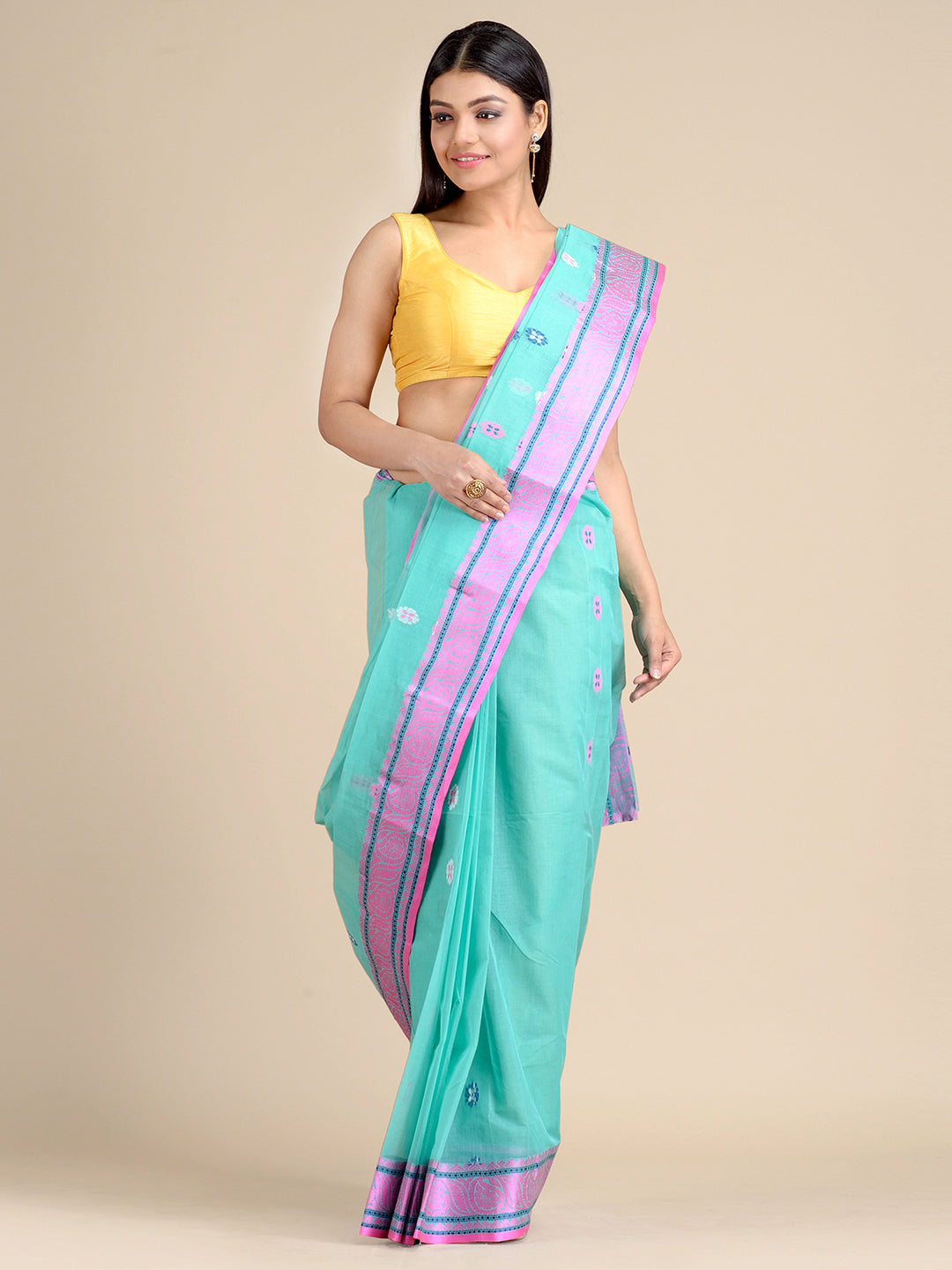 Women's Sky Blue Pure Cotton Hand Woven Tant Saree Without Blouse-Sajasajo