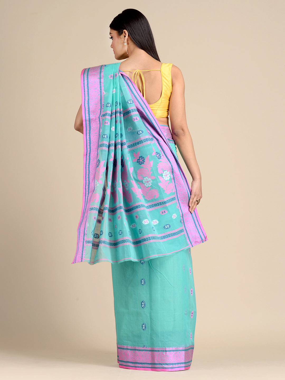 Women's Sky Blue Pure Cotton Hand Woven Tant Saree Without Blouse-Sajasajo