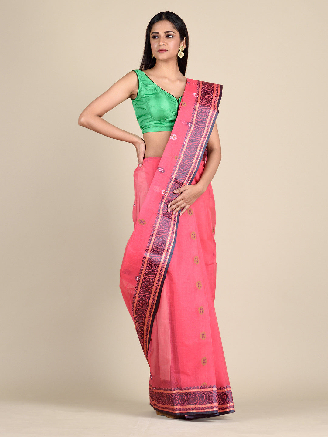 Women's Punch Red Hand Woven Cotton Saree With Floral Work In Pallu-Sajasajo
