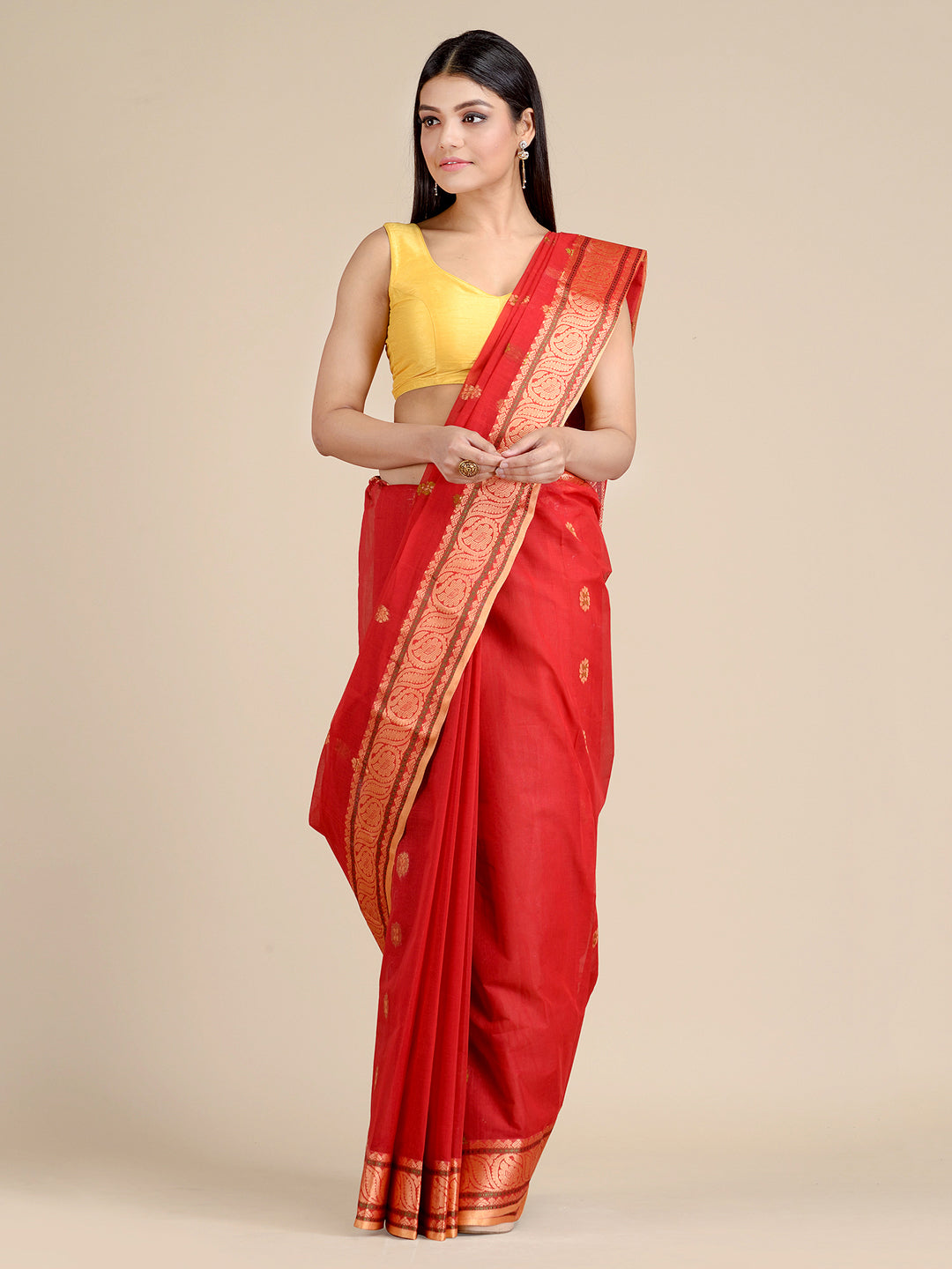 Women's Red Pure Cotton Hand Woven Tant Saree-Sajasajo