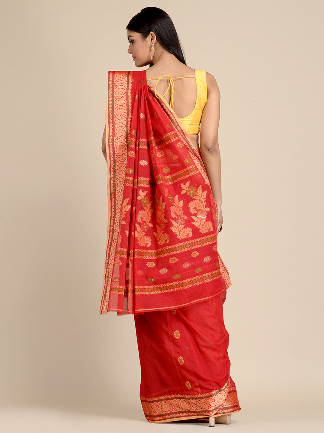 Women's Red Pure Cotton Hand Woven Tant Saree-Sajasajo