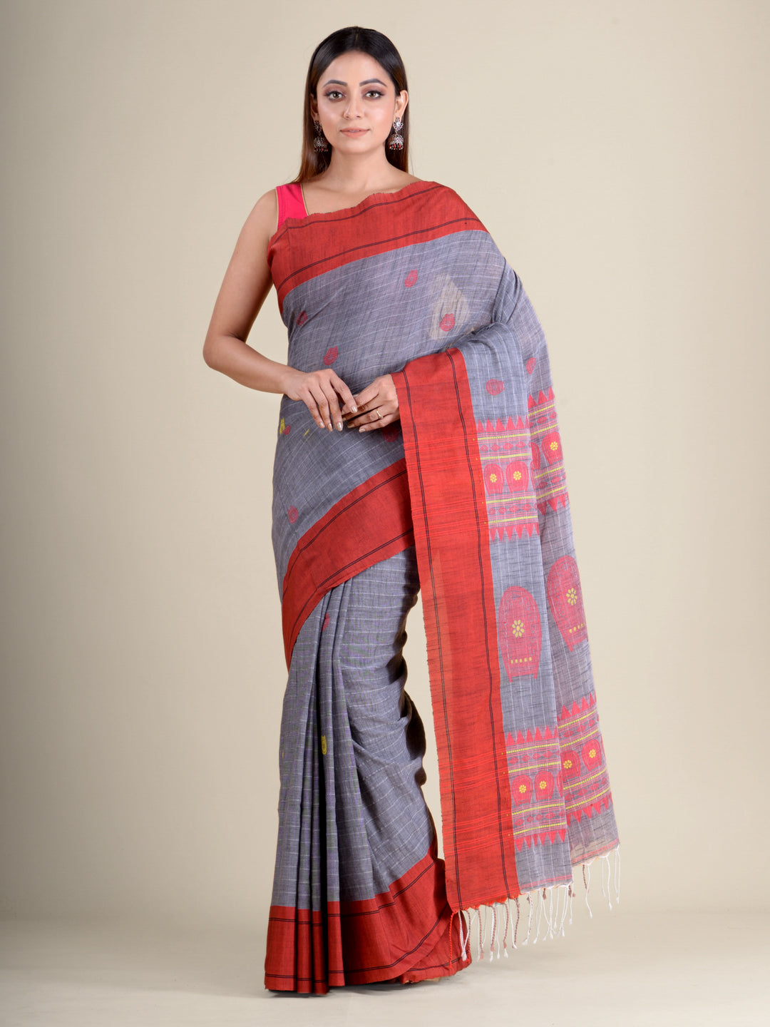 Women's Grey Pure Cotton Hand Woven Saree With Red Border And Unstitched Blouse-Sajasajo