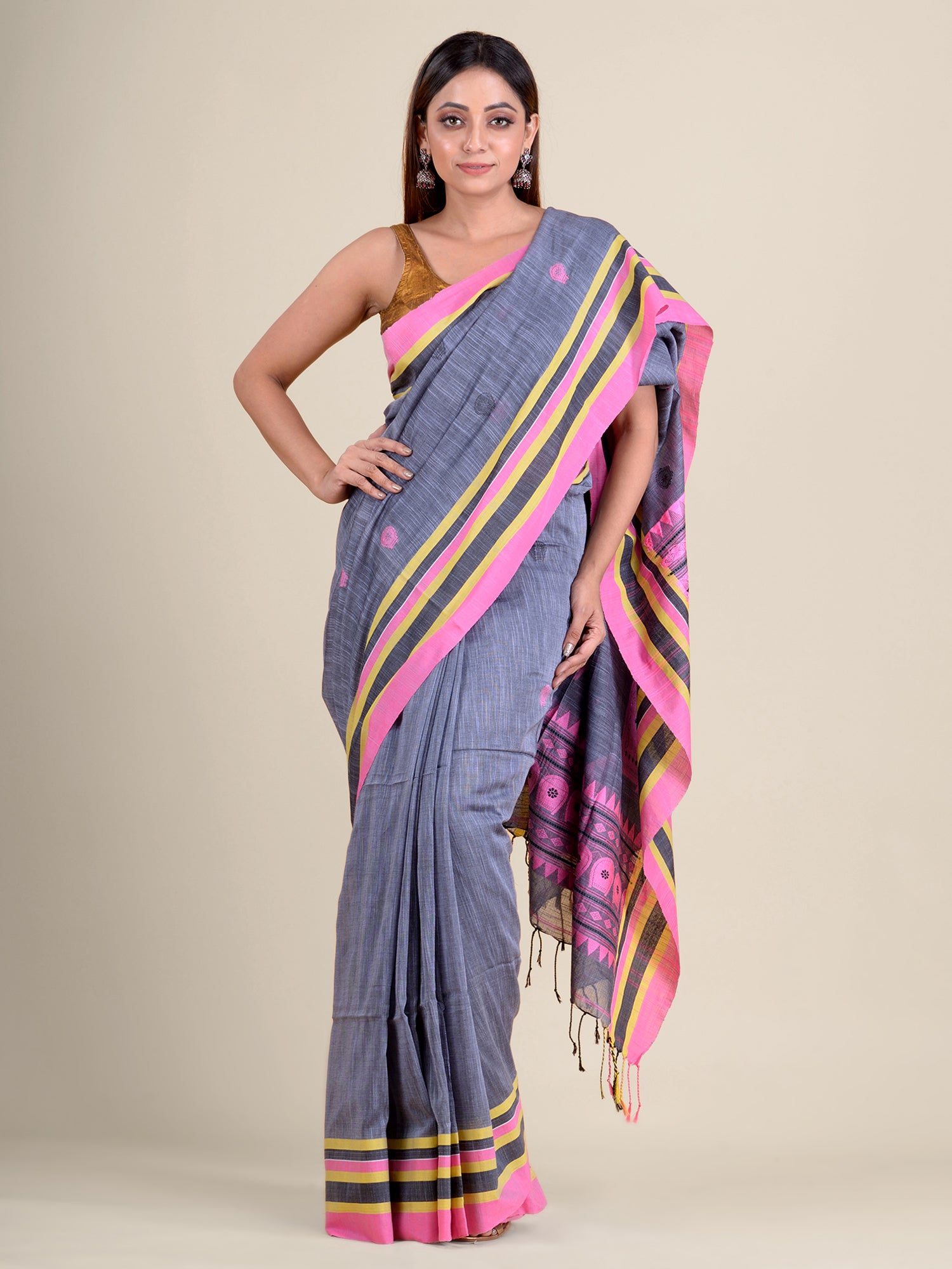 Women's Grey Pure Cotton Hand Woven Saree With Pink Border And Unstitched Blouse-Sajasajo