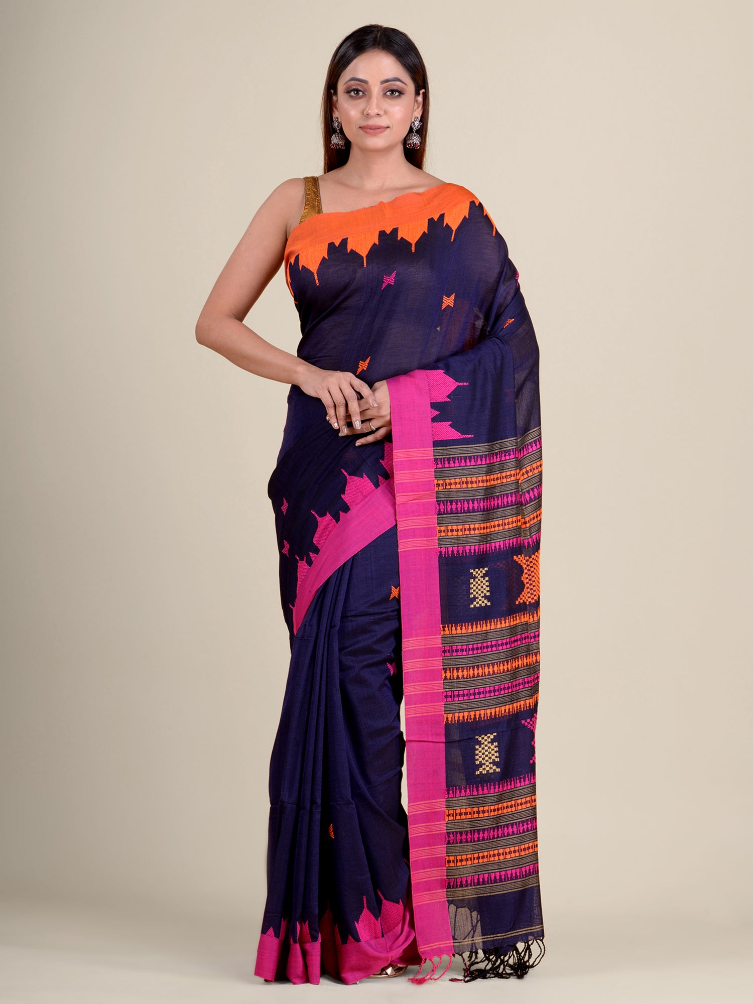 Women's Blue Hand Woven Cotton Saree With Duel Border And Unstitched Blouse-Sajasajo