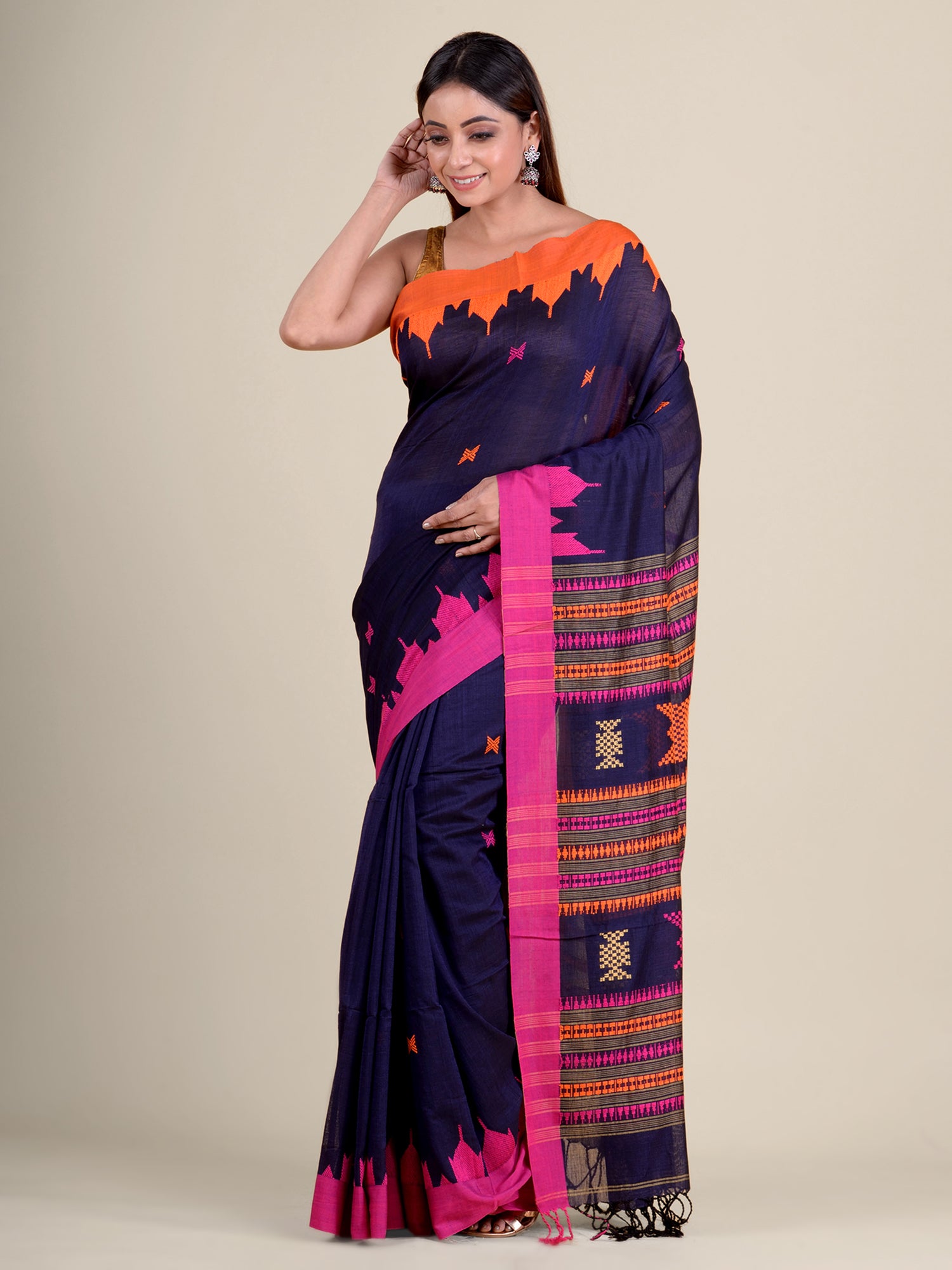 Women's Blue Hand Woven Cotton Saree With Duel Border And Unstitched Blouse-Sajasajo